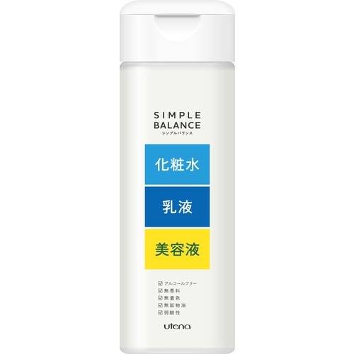 　 名　称 utena　ウテナ　シンプルバランス モイストローションUV　【保湿液】 内容量 220mL 特　徴 ★1つで手軽♪　すべすべローション ◆ヒアルロン酸(保湿成分)配合 ◆UVカット(SPF5) ◆洗顔後は1つで手軽！ やさしい使い心地。すべすべ素肌へ ■化粧水＋乳液＋美容液 美容液のようなコクのある使い心地の乳状保湿液が水分・油分をバランスよく補給。乾燥からお肌をまもり、すこやかな素肌をたもちます。 ■保湿成分：ヒアルロン酸・コラーゲン・8種のアミノ酸※配合 美肌保湿成分のうるおいがお肌に浸透。しっとりみずみずしい素肌にととのえます。 ※：セリン・グリシン・グルタミン酸・アラニン・リシン・アルギニン・トレオニン・プロリン ◎弱酸性・無香料・無着色・無鉱物油 ご使用法 洗顔後、適量を手のひらにとり、お肌になじませてください。 成　分 水、BG、グリセリン、DPG、エタノール、イソペンチルジオール、メトキシケイヒ酸エチルヘキシル、イソステアリン酸PEG-30水添ヒマシ油、PEG-32、ベタイン、ヒアルロン酸Na、水溶性コラーゲン、セリン、グリシン、グルタミン酸、アラニン、リシン、アルギニン、トレオニン、プロリン、ジグリセリン、ラフィノース、トコフェロール、パーム油、パーム核油、水添パーム油、ソルビトール、PCA-Na、エチルヘキサン酸セチル、TEA、PEG-6、EDTA-2Na、ジエチルアミノヒドロキシベンゾイル安息香酸ヘキシル、(アクリレーツ/アクリル酸アルキル(C10-30))クロスポリマー、メチルパラベン、プロピルパラベン 区　分 保湿液/日本製 ご注意 ●お肌に異常のある時、又は異常があらわれた時はご使用をおやめください。使用を続けますと悪化することがあります。 ●目に入った時は、直ちに洗い流してください。 ●使用後は必ずしっかりキャップをしめてください。 ●乳幼児の手の届かない所に置いてください。 ●極端に高温又は低温の場所、直射日光のあたる場所には置かないでください。 本品記載の使用法・使用上の注意をよくお読みの上ご使用下さい。 販売元 株式会社ウテナ東京都世田谷区南烏山1-10-22 お問合せ フリーダイヤル：0120-305411 広告文責 株式会社ツルハグループマーチャンダイジングカスタマーセンター　047-409-4023 JANコード：4901234322431　