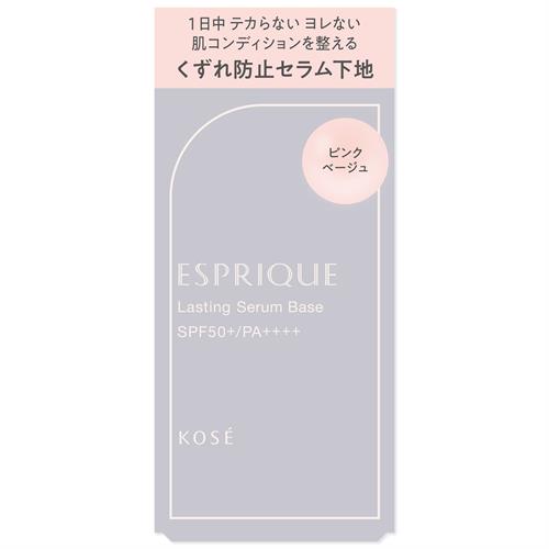 リニューアルに伴いパッケージ・内容等予告なく変更する場合がございます。予めご了承ください。 &nbsp; 商品名称 コーセー エスプリーク　ラスティング　セラム　ベース　25g　01　ピンクベージュ 内容量 25g 特徴 ◆エスプリーク ラスティング セラム ベース 01 (化粧下地) 25g : ピンクベージュ。 &nbsp; ◆SPF50+/PA++++。オールシーズン用。 &nbsp; ◆1日中テカらないヨレない。肌コンディションを整えるくずれ防止セラム下地。 &nbsp; ◆厳選した美容成分で、スキンケアしたようなうるおった肌状態にととのえ、くずれ知らずの肌へ。 &nbsp; ◆テカりやヨレなどを防ぎ、一日中美しい毛穴レスな仕上がりが持続。 &nbsp; ◆自然になじむピンクベージュ。 &nbsp; ◆15時間化粧もち (皮脂くずれ・乾燥感・ヨレ・毛穴落ち・粉浮き・くすみ (当社調べ。効果には個人差があります。) ) データ取得。 &nbsp; ◆セラミド・アミノ酸・CICA・スクワラン・ヒアルロン酸・コラーゲン (保湿) 配合。 &nbsp; ◆自然なトーンアップ効果が持続。心地よくなじみ、肌負担感がない。 (酸素透過ポリマー) 。 &nbsp; ◆汗・皮脂に強い。肌あれ・乾燥・大気中の微粒子 (ちり・ほこり・花粉・PM2.5など) から守る。ブルーライトカット効果。 &nbsp; ◆無香料 (植物成分の自然な香り) 。 &nbsp; ◆パッチテスト済み (すべてのかたに皮膚刺激が起きないというわけではありません。) 。 &nbsp; ◆単なるくずれ防止下地じゃない。うるおいによりくずれ知らずの肌コンディションに整える、美容液ラスティング下地 使用方法 ・ファンデーションの前に、キャップをしめたまま、必ず上下によく振ってから使用する。 ・手のひらに適量をとり、顔全体にムラなく均一にのばす。 ・小鼻・目や口のまわりには、薄くのばす。 ・つけすぎは、ファンデーションがムラにつく原因になる。 ・他の紫外線防止効果のある化粧品と併用するとより効果的。 成分 水・メチルトリメチコン・ジメチコン・メトキシケイヒ酸エチルヘキシル・エタノール・ジフェニルシロキシフェニルトリメチコン・ジカプリン酸PG・PEG-9ポリジメチルシロキシエチルジメチコン・(ジメチコン/ビニルトリメチルシロキシケイ酸)クロスポリマー・イソノナン酸イソトリデシル・シリカ・イソドデカン・セスキオレイン酸ソルビタン・ラウリルPEG-9ポリジメチルシロキシエチルジメチコン・ジエチルアミノヒドロキシベンゾイル安息香酸ヘキシル・ビスエチルヘキシルオキシフェノールメトキシフェニルトリアジン・セージ油・セリン・ツボクサ葉エキス・トコフェロール・ヒアルロン酸Na・プロリン・水溶性コラーゲン・BG・BHT・(ジメチコン/フェニルビニルジメチコン)クロスポリマー・アルムK・ジステアルジモニウムヘクトライト・スクワラン・ステアラルコニウムヘクトライト・ステアロイルグルタミン酸2Na・セラミドNG・ハイドロゲンジメチコン・ポリグリセリル-3ポリジメチルシロキシエチルジメチコン・塩化Na・合成フルオロフロゴパイト・水酸化Al・フェノキシエタノール・メチルパラベン・酸化チタン・酸化亜鉛・酸化鉄 区分 美容・コスメ・香水/化粧下地/原産国:日本 注意事項 肌に異常が生じていないかよく注意して使用する。 肌に合わない時、色抜け (白斑等) や黒ずみ等の異常が現れた時は使用をやめる。 低温の場所や、日のあたる場所には置かない。 SPF・PA表示は、国際的な基準で1平方cmあたり2mgを塗布し測定した値です。 製品選択時の目安とお考えください。 使用後は、キャップをきちんとしめる。 高温の場所には置かない。 キャップをあけた際、中身が少量出ることがあるが、品質に問題はない。 まれに透明の液 (配合成分の一部) が出ることがあるが、品質に問題はない。 衣服についた場合、塩素系漂白剤の使用は避ける。火気注意。◆本品記載の使用法・使用上の注意をよくお読みの上ご使用下さい。 お問合せ先 （株）コーセー　0120-526-311 広告文責 株式会社ツルハグループマーチャンダイジングカスタマーセンター　047-409-4023 JANコード：4971710624311