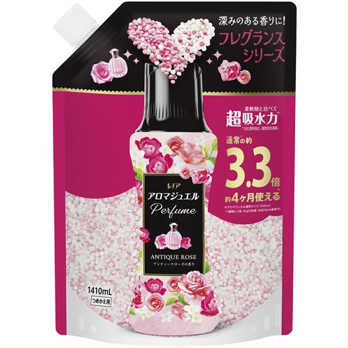 リニューアルに伴いパッケージ・内容等予告なく変更する場合がございます。予めご了承ください。 &nbsp; 商品名称 P&amp;Gジャパン レノア アロマジュエル Perfume お洗濯の香り付けビーズ アンティークローズの香り 詰め替え 超特大 1410mL 内容量 1410ml 特徴 ◆深みのある香りに！フレグランスシリーズ &nbsp; ◆柔軟剤と比べて、超吸水力*&amp;香り長続き2色の香水ビーズ。 &nbsp; ◆複雑で深みのある香り。柔軟剤より上質なフレグランスが香水よりやさしく、長く続きます。 &nbsp; ◆ローズの香水をイメージ　アンティークローズの香り：上品なフローラルの中に、甘いピーチとアプリコットの温かさをブレンド。 &nbsp; ◆お洗濯のはじめに入れるだけ！縦型・ドラム式どちらでもOK &nbsp; ◆通常※の約3.3倍　約4ヶ月使える ※アロマジュエル通常サイズ（420mL）&nbsp;1週間に2回、3kgの洗濯(本品36mL使用で) &nbsp; *当社柔軟剤比。複数回洗濯後。 成分 安定化剤、香料 使用方法 ・お洗濯のはじめに入れるだけ！ 1 洗濯槽にビーズを直接入れるだけ。 2 洗剤や柔軟剤をいつも通り入れる。空気を含んだビーズだからよく溶ける。 ・「すすぎ1回」で香りもっと長続き！溶け残りも心配なし！ ・おしゃれ着コースやドライコースでお使いの場合、製品を溶かしてから、衣類を入れてください。 ・縦型・ドラム式どちらでもOK。 ・自動投入洗濯機の場合も、ビーズは必ず洗濯槽へ投入してください。 ・自動投入洗濯機に：普段の柔軟剤と使うとさらに香り長続き！気分で香りも変えられる。（使用量の目安：衣料1kgに対して12mL） ・上記は目安ですので、お好みの香りの強さになるように、量を調節できます。 ・つめかえる場合は、全部使い切ってからそのまま洗わずつめかえてください。◆本品記載の使用法・使用上の注意をよくお読みの上ご使用下さい。 区分 日用品雑貨/洗剤 注意事項 香りの感じ方には個人差があります。 使用量の目安を参考に、周囲の方にもご配慮の上、お使い下さい。 食べ物ではありません。 子供や認知症の方の手の届く所に置かない。 用途外に使用しない。 高温、および直射日光などをさけて保管する。 高温や直射日光での保管によりビーズの色が変わる可能性がありますが品質に問題ありません。 万が一、溶け残った場合は、水でよく洗い流してください。 まれに、シミなどができてしまった場合、中性洗剤などでよく洗い流してください。 気圧や温度の変化によって流通過程でパッケージ内の空気が膨張しても問題ないように穴が開いています。 製品品質への問題はありませんので、安心してお使いください。 窒息の原因になる可能性がありますので、容器キャップは常に固く締め、お子様が誤って口にいれないようにしてください。 応急処置：万が一、飲み込んだ場合は水を飲ませる、又、目に入った場合はこすらずに水でよく洗う等応急処置をし、医師に相談する。◆本品記載の使用法・使用上の注意をよくお読みの上ご使用下さい。 お問合せ先 0120-021321　祝日・年末年始を除く月-金の9:15-17:00 〒651-0088 神戸市中央区小野柄通7-1-18 広告文責 株式会社ツルハグループマーチャンダイジングカスタマーセンター　047-409-4023 JANコード：4987176364289