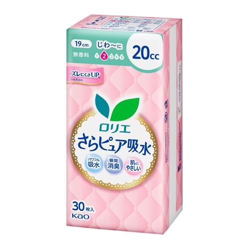 リニューアルに伴いパッケージ・内容等予告なく変更する場合がございます。予めご了承ください。 &nbsp; 商品名称 花王 ロリエさらピュア吸水　20cc30枚 内容量 30枚 特徴 ◆長時間さらっと、 ぬれ感なしへ ・Point1 パワフル吸水 ・Point2 ムレにくく肌にやさしい ・Point3 瞬間消臭 &nbsp; ◆ズレにくさUP＊従来品比 &nbsp; ◆〈こんな時に〉 ・たまにある「じわ-っと」もれをケアしたい ・くしゃみなどで力が入る一瞬が心配 材質・原材料 構成材料 表面材：ポリオレフィン・ポリエステル系不織布 区分 医薬品・コンタクト・介護/ナプキン 注意事項 ●使用上の注意 ・トイレに流さないでください。 ・適切な廃棄をこころがけましょう。 ・お肌に合わない時は医師に相談してください。 ・汚れたパッドは早くとりかえてください。 ●保管上の注意 ・開封後は、ほこりや虫等が入り込まないよう、衛生的に保管してください。◆本品記載の使用法・使用上の注意をよくお読みの上ご使用下さい。 お問合せ先 お客様相談窓口9:00-17:00（土曜・日曜・祝日を除く）0120-165-695 広告文責 株式会社ツルハグループマーチャンダイジングカスタマーセンター　047-409-4023 JANコード：4901301464002
