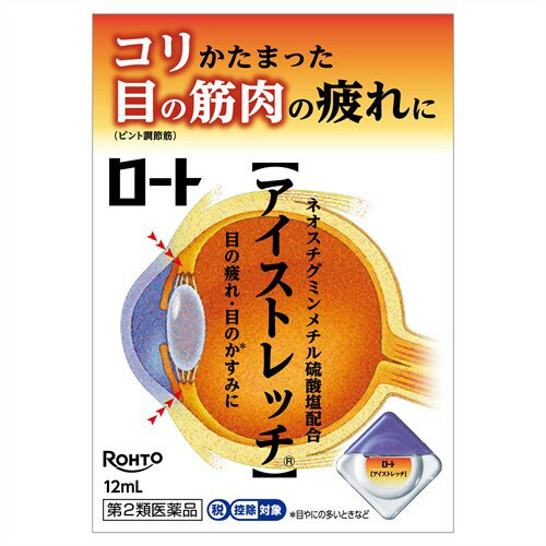 お買い上げいただける個数は5個までです リニューアルに伴いパッケージ・内容等予告なく変更する場合がございます。予めご了承ください。 名　称 ロートアイストレッチ 内容量 12ml 特　徴 ◆目薬 コリかたまった目の筋肉に。 目の疲れ・目のかすみに ◆【近くを見るとき】 ・ピント調節筋／緊張する ・水晶体／ふくらむ ◆【遠くを見るとき】 ・ピント調節筋／ゆるむ ・水晶体／薄くなる ◆働くピント調節筋にダイレクト作用。 近くを見たり遠くを見るとき、ピント調節筋と呼ばれる筋肉が上図のように働きます。筋肉の一種ですから、疲れてくればコリかたまってきます。 ◆「ロートアイストレッチ」は、有効成分のネオスチグミンメチル硫酸塩がピント調節筋の疲れをほぐして効果的に働きます。パソコンや読書などで、「目が疲れたなぁ」というときには「ロートアイストレッチ」。 効能・効果 目の疲れ、結膜充血、目のかすみ（目やにの多いときなど）、目のかゆみ、眼病予防（水泳のあと、ほこりや汗が目に入ったときなど）、眼瞼炎（まぶたのただれ）、紫外線その他の光線による眼炎（雪目など）、ハードコンタクトレンズを装着しているときの不快感 用法・用量 1回1-2滴、1日5-6回点眼してください。 ＜用法・用量に関連する注意＞ (1)過度に使用すると、異常なまぶしさを感じたり、かえって充血を招くことがありますので用法・用量を厳守してください。 (2)小児に服用させる場合には、保護者の指導監督のもとに使用させてください。 (3)容器の先をまぶた、まつ毛に触れさせないでください。(汚染や異物混入(目やにやホコリ等)の原因となる)また、混濁したものは使用しないでください。 (4)ソフトコンタクトレンズを装着したまま使用しないでください。 (5)点眼用にのみ使用してください。 成分 ＜有効成分＞ ネオスチグミンメチル硫酸塩・・・0.005％ L-アスパラギン酸カリウム・・・1％ クロルフェニラミンマレイン酸塩・・・0.02％ アラントイン・・・0.1％ ピリドキシン塩酸塩・・・0.1％ 塩酸テトラヒドロゾリン・・・0.01％ 添加物として、塩化Na、ホウ酸、ホウ砂、L-メントール、d-カンフル、ペパーミントオイル、プロピレングリコール、クロロブタノール、ベンザルコニウム塩化物、エデト酸Na、ポリソルベート80、pH調節剤を含有します。 区　分 医薬品/商品区分：第2類医薬品/目薬、点眼剤/日本製 ご注意 ＜相談すること＞ 1.次の人は、使用前に医師、薬剤師又は登録販売者にご相談ください。 (1)医師の治療を受けている人 (2)本人又は家族がアレルギー体質の人 (3)薬によりアレルギー症状を起こしたことがある人 (4)次の症状のある人・・・はげしい目の痛み (5)次の診断を受けた人・・・緑内障 2.使用後、次の症状があらわれた場合は副作用の可能性があるので、直ちに使用を中止し、説明書を持って医師、薬剤師又は登録販売者にご相談ください。 （●関係部位・・・症状） ●皮膚・・・発疹、発赤、かゆみ ●目・・・充血、かゆみ、はれ ,しみて痛い 3.次の場合は使用を中止し、説明書を持って医師、薬剤師又は登録販売者にご相談ください。 (1)目のかすみが改善されない場合 (2)5-6日間使用しても症状がよくならない場合 ■保管及び取扱い上の注意(1)直射日光の当たらない涼しい所に密栓して保管してください。品質を保持するため、自動車内や暖房器具の近くなど、高温の場所(40゜C以上)に放置しないでください。 (2)小児の手の届かない所に保管してください。 (3)他の容器に入れ替えないでください。(誤用の原因になったり品質が変わる) (4)他の人と共用しないでください。 (5)使用期限(外箱に記載)を過ぎた製品は使用しないでください。なお、使用期限内であっても一度開封した後は、なるべく早くご使用ください。 (6)保存の状態によっては、成分の結晶が容器の先やキャップの内側につくことがあります。その場合には清潔なガーゼで軽くふきとってご使用ください。 (7)容器に他の物を入れて使用しないでください。 ◆本品記載の使用法・使用上の注意をよくお読みの上ご使用下さい。 製造販売元 ロート製薬株式会社　大阪市生野区巽西1-8-1 お問合わせ先電話：0120-610-755　受付時間：9:00-17:00（土、日、祝日を除く) 広告文責 株式会社ツルハグループマーチャンダイジング カスタマーセンター　047-409-4023 JANコード：4987241100941　