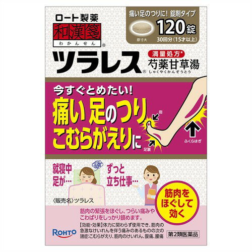 お買い上げいただける個数は5個までです リニューアルに伴いパッケージ・内容等予告なく変更する場合がございます。予めご了承ください。 名　称 和漢箋　ツラレス 内容量 120錠 特　徴 ◆満量処方　芍薬甘草湯（しゃくやくかんぞうとう） ◆錠剤タイプ ◆足や指のつり こむらがえりに ずっと立ち仕事・・・ 就寝中足が・・・ 冷えからのつり・・・ ◆筋肉の緊張をほぐし、つらい痛みやこわばりをしっかり鎮めます。 効能・効果 体力に関わらず使用でき、筋肉の急激なけいれんを伴う痛みのあるものの次の諸症：こむらがえり、筋肉のけいれん、腹痛、腰痛 用法・用量 次の量を1日2-3回、水又はお湯で服用すること。 年齢・・・1回量 成人（15才以上）・・・4錠 7才以上15才未満・・・2錠 7才未満・・・服用しない 【用法・用量に関連する注意】（1）用法・用量を厳守すること。 （2）小児に服用させる場合には、保護者の指導監督のもとに服用させること。 成分・分量 12錠中 成分・・・分量 芍薬甘草湯エキス(シャクヤク6.0g、カンゾウ6.0gより抽出)・・・2400mg を含む。 添加物として、クロスCMC-Na、バレイショデンプン、メタケイ酸アルミン酸Mg、乳糖水和物、タルク、ステアリン酸Mg、カルナウバロウを含む。 ※本剤は、天然物(生薬)のエキスを用いているため、錠剤の色が多少異なることがある。 区　分 医薬品/商品区分：第2類医薬品/漢方製剤/日本製 ご注意 【使用上の注意】 ■してはいけないこと （守らないと現在の症状が悪化したり、副作用が起こりやすくなる） 1．次の診断を受けた人は服用しないこと：心臓病 2．症状があるときのみの服用にとどめ、連用しないこと ■相談すること 1．次の人は服用前に医師、薬剤師又は登録販売者に相談すること。 　（1）医師の治療を受けている人 　（2）妊婦又は妊娠していると思われる人 　（3）高齢者 　（4）次の症状のある人：むくみ 　（5）次の診断を受けた人：高血圧、腎臓病 2．服用後、まれに次の重篤な症状が起こることがある。その場合は副作用の可能性があるので、直ちに服用を中止し、この袋を持って医師の診療を受けること。 症状の名称：症状 間質性肺炎：階段を上ったり、少し無理をしたりすると息切れがする・息苦しくなる、空せき、発熱等がみられ、これらが急にあらわれたり、持続したりする 偽アルドステロン症：手足のだるさ、しびれ、つっぱり感やこわばりに加えて、脱力感、筋肉痛があらわれ、徐々に強くなる ミオパチー：手足のだるさ、しびれ、つっぱり感やこわばりに加えて、脱力感、筋肉痛があらわれ、徐々に強くなる うっ血性心不全：全身のだるさ、動悸、息切れ、胸部の不快感、胸が痛む、めまい、失神等があらわれる 心室頻拍：全身のだるさ、動悸、息切れ、胸部の不快感、胸が痛む、めまい、失神等があらわれる 肝機能障害：発熱、かゆみ、発疹、黄疸（皮ふや白目が黄色くなる）、褐色尿、全身のだるさ、食欲不振等があらわれる 3．5-6回服用しても症状がよくならない場合は服用を中止し、この袋を持って医師、薬剤師又は登録販売者に相談すること。 【保管及び取扱い上の注意】 （1）直射日光の当たらない湿気の少ない涼しいところに密栓して保管すること。 （2）小児の手の届かないところに保管すること。 （3）他の容器に入れ替えないこと。（誤用の原因になったり品質が変わる） （4）湿気により、変色など品質に影響を与える場合があるので、ぬれた手で触れないこと。 （5）使用期限を過ぎた製品は、服用しないこと。なお、使用期限内であっても一度開封した後はなるべく早く使用すること。 ◆本品記載の使用法・使用上の注意をよくお読みの上ご使用下さい。 販売元 ロート製薬株式会社　大阪市生野区巽西1-8-1 お問合わせ先電話：0120-610-755　受付時間：9:00-17:00（土、日、祝日を除く) 広告文責 株式会社ツルハグループマーチャンダイジング カスタマーセンター　047-409-4023 JANコード：4987241148646　