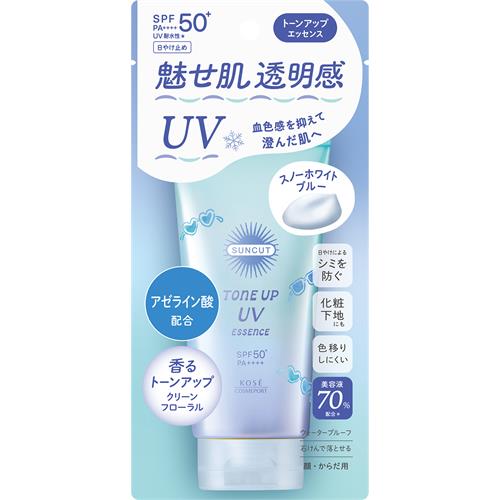 リニューアルに伴いパッケージ・内容等予告なく変更する場合がございます。予めご了承ください。 &nbsp; 商品名称 コーセーコスメポート サンカットR　トーンアップUV　エッセンス　スノーホワイトブルー 内容量 80g 特徴 【SPF50＋　PA＋＋＋＋　UV耐水性★】 &nbsp; ◆UVカットしながら、色と光の効果で素肌をキレイに魅せるトーンアップ日やけ止め美容液。 &nbsp; ◆美容液70％配合*でうるさら素肌へ。 &nbsp; ◆血色感をおさえて透明感を与えるスノーホワイトブルー。 &nbsp; ◆透明感のあるエアリーフローラルの香り。　 &nbsp; ＊粉体と紫外線吸収剤を除く 使用方法 ○充分な量を肌にムラなくなじませます。 ○使用量が少ないと、充分な日やけ止め効果が得られません。 ※落とすときは、洗浄料などでていねいに洗ってください。 成分 水・メトキシケイヒ酸エチルヘキシル・エタノール・ジフェニルシロキシフェニルトリメチコン・酸化亜鉛・ジ（カプリル酸／カプリン酸）PG・安息香酸アルキル（C12−15）・ビスエチルヘキシルオキシフェノールメトキシフェニルトリアジン・エチルヘキサン酸セチル・酸化チタン・ジエチルアミノヒドロキシベンゾイル安息香酸ヘキシル・ジカプリン酸PG・BG・DPG・グリセリン・アスコルビン酸硫酸2Na・アゼライン酸・ヒアルロン酸Na・ホホバ種子油・ユズ果実エキス・ライム果汁・レモン果実エキス・BHT・PEG−10水添ヒマシ油・PEG−80水添ヒマシ油・（アクリレーツ／メタクリル酸ベヘネス−25）コポリマー・（ジメチコン／フェニルビニルジメチコン）クロスポリマー・エチルヘキシルトリアゾン・キサンタンガム・シクロペンタシロキサン・シリカ・ステアリン酸イヌリン・トリエトキシカプリリルシラン・ポリヒドロキシステアリン酸・ラウロイルリシン・合成フルオロフロゴパイト・酸化スズ・水酸化Al・水酸化Na・フェノキシエタノール・メチルパラベン・香料・マイカ・青1・赤227 注意事項 ◇ご使用後は、キャップをきちんとしめてください。 ◇日やけ止め効果をたもつために、こまめに塗りなおしてください。肌をタオルでふいたあとなども、その都度塗りなおしてください。 ◇中身を直接衣服等につけないように注意して使用し、乾いてから衣服を着用してください。 ◇衣服についたときは、すぐに洗剤でていねいに洗ってください。また、変色(着色)する場合がありますので、塩素系漂白剤は使用しないでください。 ◇まれに透明の液体(エモリエント成分)が出ることがありますが、品質に問題はありません。 ◇高温の場所や日のあたる場所には、置かないでください。◆本品記載の使用法・使用上の注意をよくお読みの上ご使用下さい。 お問合せ先 0800-222-2202 広告文責 株式会社ツルハグループマーチャンダイジングカスタマーセンター　047-409-4023 JANコード：4971710632910