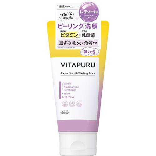 リニューアルに伴いパッケージ・内容等予告なく変更する場合がございます。予めご了承ください。 &nbsp; 商品名称 コーセーコスメポート ビタプル　リペア　スムースウォッシングフォーム 内容量 130g 特徴 ◆レチノール配合で、毛穴汚れや皮脂詰まりを徹底ケアするピーリング洗顔です。 &nbsp; ◆弾力のあるもっちり泡で、なめらか透明肌へみちびきます。 &nbsp; ◆あれがちな肌にもやさしい使い心地。 使用方法 ○手のひらに適量をとり、水かぬるま湯でよく泡立ててから洗顔し、そのあと充分にすすいでください。 成分 水・グリセリン・ステアリン酸・パルミチン酸・ミリスチン酸・ラウリン酸・水酸化K・PEG−32・PEG−6・PPG−2コカミド・BG・ツボクサ葉エキス・トコフェロール・ナイアシンアミド・パルミチン酸レチノール・パンテノール・リン酸アスコルビルMg・乳酸桿菌／セイヨウナシ果汁発酵液・EDTA−2Na・グルコノラクトン・コーン油・ココイルグリシンK・シリカ・タナクラクレイ・ポリクオタニウム−39・リンゴ酸・安息香酸Na 注意事項 ◇ご使用後は、キャップをきちんとしめてください。 ◇高温の場所には置かないでください。 ◇まれに沈殿または小さな粉のかたまりが出たり、硬くなることがありますが、品質に問題はありません。出しにくい場合は、常温にしばらく置いてからお使いください。◆本品記載の使用法・使用上の注意をよくお読みの上ご使用下さい。 お問合せ先 0800-222-2202 広告文責 株式会社ツルハグループマーチャンダイジングカスタマーセンター　047-409-4023 JANコード：4971710637311