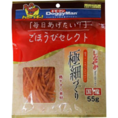 リニューアルに伴いパッケージ・内容等予告なく変更する場合がございます。予めご了承ください。 &nbsp; 商品名称 ドギーマンハヤシ ごほうびセレクト　しなやかササミほそーめん55g 内容量 55g 特徴 毎日食べたい毎日あげたいおいしさをお求めやすく 材質・原材料・成分 鶏ササミ、糖類、ソルビトール、グリセリン、プロピレングリコール、酸化防止剤（エリソルビン酸ナトリウム）、リン酸塩（Na）、ミネラル類（ナトリウム）、調味料、保存料（ソルビン酸カリウム）、発色剤（亜硝酸ナトリウム） 区分 ペット用食品/おやつ・生肉（犬用） 保管及び取扱い上の注意（免責） ペット用の食品です◆本品記載の使用法・使用上の注意をよくお読みの上ご使用下さい。 注意事項 直射日光を避け、常温保存をお願いいたします◆本品記載の使用法・使用上の注意をよくお読みの上ご使用下さい。 お問合せ先 ドギーマンハヤシ株式会社　(03)6451-7295 広告文責 株式会社ツルハグループマーチャンダイジングカスタマーセンター　047-409-4023 JANコード：4976555824421