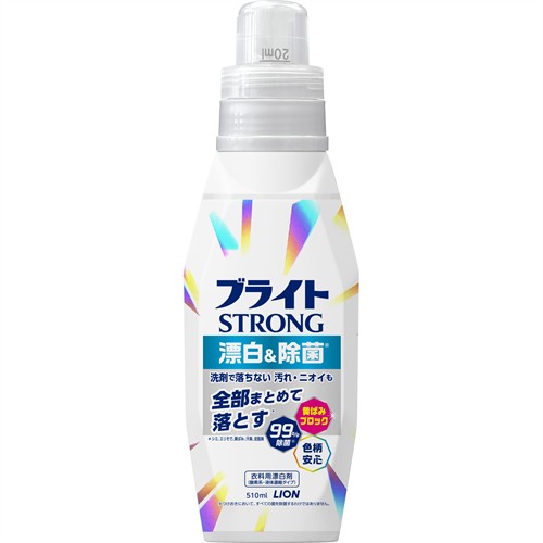 リニューアルに伴いパッケージ・内容等予告なく変更する場合がございます。予めご了承ください。 名　称 ブライトSTRONG　ストロング　漂白＆抗菌ジェル　本体 内容量 510ml 特　徴 1日中抗菌※つづく！ 部屋干し・生乾き臭にも 汚れ・ニオイはもちろん 99％※除菌・抗菌 ※全ての菌を除菌・抗菌するわけではありません。 直塗りで、ジェルを汚れに絡めて落す！ 白さに：毎日の汚れをしっかりクリア＋次につく汚れも落としやすくする 菌に：除菌・抗菌効果で部屋干しや残り湯洗濯でも安心 全ての菌を除菌・抗菌するわけではありません。 色柄物にも安心な酸素系漂白 すっきりしたミンティグリーンの香り 成　分 過酸化水素（酸素系）、界面活性剤（アルキルエーテル硫酸エステルナトリウム）、溶剤 液性・・・弱酸性 使用方法 【使えるもの】 ●水洗いできる白物、色物、柄物のせんい製品（木綿、麻、化学せんい、毛、絹） 毛、絹は中性洗剤（アクロンなど）と一緒に使う（水温は30℃以下） ※金属製のファスナー、ボタン、ホックなどには、直接塗らない 【使えないもの】 ●衣類等の取扱い表示のないもの ●水洗いできないもの ●変色するもの ［試し方］目立たない所に原液をつけ、すぐ洗剤を溶かした液をつける。5分程度で変色するもの、白布でたたいて色が移るものは使えない。 ※せんい自体が変色して黄ばんだものは漂白剤でも元に戻らない 【用途と使用方法と使用量の目安】 ○毎回のお洗濯に 消臭・抗菌※1 黄ばみ・黒ずみの漂白・予防 ※1 全ての菌に対し効果を有するわけではありません ・洗濯機で漂白 洗濯用洗剤と一緒に洗濯機に入れて洗う。（洗剤のすすぎ回数にあわせる） ※ステンレス槽、洗剤投入口使用可能 ・水60Lに40mL 水30Lに20mL 【ドラム式の場合】衣類4kgに20mL ○落ちにくい汚れの漂白に シミ（食べこぼし・調味料・血液※2など）や、えり・そでの汚れの漂白 ※2 血液汚れは最初に水洗いする ・塗布漂白 汚れに直接原液をつけ、放置せず、すぐに洗剤で洗う。 ・汚れ部分に充分しみこむ程度 ○衣類全体のひどい汚れの漂白や衣類の除菌に※3 ※3 全ての菌を除菌するわけではありません ・つけおき漂白 洗剤と一緒に30分-2時間つけおきし、水ですすぐか、洗濯する。 ★ステンレス以外の金属製の容器では使わないこと。 ・水1Lに10mL（キャップ1/4杯） （洗剤は料理用小さじ1杯程度、約5mL） ◆塗布漂白・つけおき漂白が効果的 ◆汚れがひどいときは塗布した後、つけおきすると、より効果的 ◆冷水より温水の方が早く効果が出る ◆赤ちゃんの衣類にも使える 区　分 衣料用漂白剤/日本製 ご注意 ●用途外に使わない。 ●乳幼児の手の届く所に置かない。 ●認知症の方などの誤飲を防ぐため、置き場所に注意する。 ●他の容器に移さない。 ●熱湯では使わない。 ●水や他のものを入れない。 ●漂白するとき、密閉容器は使わない。破裂することがある。 ●塩素系漂白剤と混合しない。 ●せんいが黄ばむことがあるので、漂白中は直射日光の当たる場所を避け、漂白後は充分にすすぐ。 ●洗濯機のフタなどのプラスチック部分に液がついたときは、水ですぐにふきとる。放置すると傷むことがある。 ●直射日光を避け、夏場の車内など高温になる所に置かない。 ◆本品記載の使用法・使用上の注意をよくお読みの上ご使用下さい。 販売元 ライオン株式会社　東京都台東区蔵前1-3-28 お問合せ先　電話：0120-556-973 広告文責 株式会社ツルハグループマーチャンダイジング カスタマーセンター　047-409-4023 JANコード：4903301361886