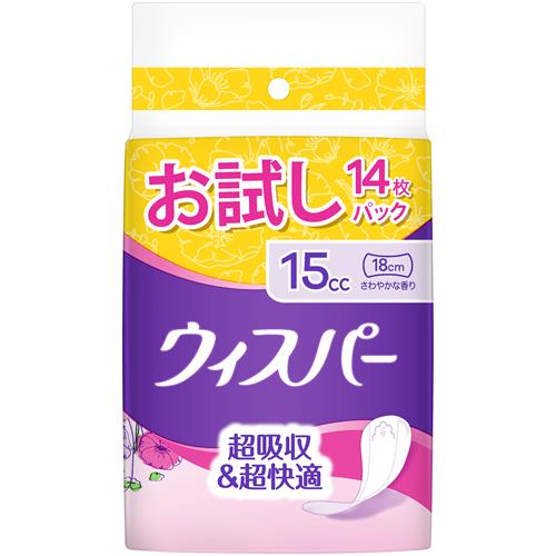 P&G ウィスパー 1枚2役Wガード 女性用 軽度尿もれ ケア製品 さわやかな香り 15cc 18cm お試しパック 14枚
