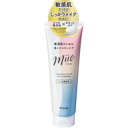 リニューアルに伴いパッケージ・内容等予告なく変更する場合がございます。予めご了承ください。 &nbsp; 商品名称 クラシエ ミュオ　ミルキィクレンジング　150G 内容量 150g 特徴 ◆敏感肌だけどしっかりメイクの方へ &nbsp; ◆落ちも肌への配慮もあきらめない、敏感肌スキンケアシリーズ &nbsp; ●無添加：着色料・合成香料・紫外線吸収剤・アルコール（エタノール）・シリコン・サルフェート不使用 &nbsp; ●メイク汚れ・皮脂になじみの良い植物オイルを配合したhybrid処方 &nbsp; ●うるおい成分ユズ果実エキス・ハマナス果実エキス配合 &nbsp; ●アレルギーテスト済・敏感肌の方のご協力によるパッチテスト済 &nbsp; ●天然精油100％　柑橘とユーカリのみずみずしい香り &nbsp; ・肌に配慮しながら毛穴に入り込んだメイクや黒ずみまで落とし、毛穴の目立たない肌へ導くクリームタイプのミルキィクレンジング。 ・肌に配慮した「6つの無添加」着色料、合成香料、紫外線吸収剤、アルコール（エタノール）、シリコン、サルフェート不使用。 ・ウォータープルーフマスカラもするっとオフ。 ・W洗顔不要。・まつエクOK。 使用方法 ●顔をぬらさずに、乾いた手のひらに適量（ 直径約2.5 センチ）を取り、円を描くようにして顔全体にのばしメイクとよくなじませます。汚れが浮き上がったら、充分に洗い流してください。 材質・原材料・成分 ミネラルオイル、水、パルミチン酸セチル、ポリソルベート65、グリセリン、DPG、ステアリン酸、ステアリン酸グリセリル、ステアロイルグルタミン酸Na、ポリソルベート60、マイクロクリスタリンワックス、ホホバ種子油、カニナバラ果実油、ユズ果実エキス、ハマナス果実エキス、BG、カルボマー、ベルガモット果実油、オレンジ油、ラベンダー油、ユーカリ葉油、トコフェロール、EDTA−2Na、メチルパラベン、エチルパラベン 区分 美容・コスメ・香水/洗顔料 保管及び取扱い上の注意（免責） ●お肌に異常が生じていないかよく注意して使用してください。お肌に合わない時、また傷、湿しん等、異常のある時は使用しないでください。●使用中、赤味、はれ、かゆみ、刺激、色抜け（白斑等）や黒ずみ等の異常が現れた時は、使用を中止し、皮フ科専門医等へのご相談をおすすめします。そのまま使用を続けると症状が悪化することがあります。●目に入らないように注意し、入った時は、すぐに洗い流してください。目に異物感が残る場合は、眼科医にご相談ください。●乳幼児の手の届かないところに置いてください。●直射日光のあたる場所や高温になる場所には置かないでください。◆本品記載の使用法・使用上の注意をよくお読みの上ご使用下さい。 注意事項 ●お肌に異常が生じていないかよく注意して使用してください。お肌に合わない時、また傷、湿しん等、異常のある時は使用しないでください。●使用中、赤味、はれ、かゆみ、刺激、色抜け（白斑等）や黒ずみ等の異常が現れた時は、使用を中止し、皮フ科専門医等へのご相談をおすすめします。そのまま使用を続けると症状が悪化することがあります。●目に入らないように注意し、入った時は、すぐに洗い流してください。目に異物感が残る場合は、眼科医にご相談ください。●乳幼児の手の届かないところに置いてください。●直射日光のあたる場所や高温になる場所には置かないでください。◆本品記載の使用法・使用上の注意をよくお読みの上ご使用下さい。 お問合せ先 0120‐540‐712 広告文責 株式会社ツルハグループマーチャンダイジングカスタマーセンター　047-409-4023 JANコード：4901417675026