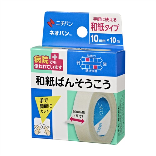リニューアルに伴いパッケージ・内容等予告なく変更する場合がございます。予めご了承ください。 名　称 ニチバン　ネオバン 内容量 10mm×10m 特　徴 ◆手軽に使えて経済的 ◆粘着力：ソフト←□■□□□→ハード ◆基材強度：弱←□□□■□→強 ◆防水性あり ◆和紙ばんそうこう ◆ガーゼ・包帯固定に ◆手で簡単にカット ◆和紙にアクリル系粘着剤を塗布したテープです。 区　分 サージカルテープ、和紙絆創膏 ご注意 ◆本品記載の使用法・使用上の注意をよくお読みの上ご使用下さい。 製造・販売元 ニチバン株式会社 お問合せ先 ニチバン株式会社　お客様相談室　TEL：0120-377-218 受付時間：9:00〜12:00、13:00〜16:00 （土・日・祝日・年末年始・夏季休業期間を除く） 広告文責 株式会社ツルハグループマーチャンダイジング カスタマーセンター　047-409-4023 JANコード：4987167470012
