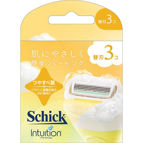 リニューアルに伴いパッケージ・内容等予告なく変更する場合がございます。予めご了承ください。 &nbsp; 商品名称 シック イントゥイション　つや肌　替刃　3コ 内容量 3個入り 特徴 ●肌にやさしく、簡単シェービング 美容ソープつき肌ケアシェーバー つやすべ肌。●ビタミンC*誘導体配合スキンバー *アスコルビルグルコシド（保湿／整肌成分）●石鹸付きシェーバーで簡単にお手入れ可能 用法／用量 ●ぬるま湯または水で、お肌とシェーバーをしっかり濡らします。 ●お肌とソープが濡れている状態で、なでるようにやさしく剃ってください。 ●ご使用後は、お肌をしっかり洗い流してください。 ●シェーバーはよくすすいだ後、水分をしっかりと切り、よく乾かしてください。 ＜使い方のコツ＞ ●使う前にお肌とソープをよく濡らしましょう。 ●よりなめらかなシェービングのために、一部分剃るごとにシェーバーをよくすすいでください。●付属のキャップは、お出かけ用としてもお使い頂けます。 材質・原材料・成分 パルミチン酸Na、ヤシ脂肪酸Na、水、イソステアリン酸Na、パルミチン酸K、ヤシ脂肪酸K、グリセリン、パルミチン酸、カオリン、アスコルビルグルコシド、アロエベラ葉エキス、チャ葉エキス、PEG−50シア脂、イソステアロイルラクチレートNa、イソステアリン酸K、ヤシ脂肪酸スクロース、ヤシ脂肪酸、イソステアリン酸、塩化Na、エチドロン酸4Na、EDTA−4Na、香料、リナロール、エンピツビャクシン油、窒化ホウ素、酸化チタン、酸化鉄 区分 美容・コスメ・香水/（ボディケア用品） 注意事項 ●お肌に異常が生じていないかよく注意して使用してください。&nbsp;●お肌に合わないとき、即ち使用中又は使用後直射日光にあたって、赤み、はれ、かゆみ、刺激、色抜け（白斑等）や黒ずみ等の異常があらわれた場合は、ご使用をおやめください。そのまま使用を続けますと、症状を悪化させることがありますので、皮膚科専門医等にご相談ください。 ●傷やはれもの、しっしん等、異常のある部位にはお使いにならないでください。 ●極端に高温又は低温の場所、直射日光のあたる場所を避け、乳幼児の手の届かない所に保管してください。 ●周りの物への色移り・変色等を避けるため、製品を濡れたまま放置せず、必ず乾燥させてから保管してください。 ●製品の特性上、稀に色調に変化が生じる場合がございますが、品質には問題ございません。＜カミソリに関するご注意＞ ●カミソリは刃物です。お取り扱いにはご注意ください。 ●刃の部分には直接手を触れないでください。 ●落としたり、強い衝撃を与えないでください。これらは刃こぼれの原因となり、お肌を傷めるおそれがありますので、その場合は刃を交換してください。 ●古くなった刃はお肌を傷める原因になります。少しでも剃りにくくなったら、刃を交換してください。 ●ご使用後は水けをよく切って乾燥した場所に保管してください。未使用のカミソリも湿度の高い場所を避けて保管してください。 ●水洗いした後は剃り味を保つために刃先を拭かないでください。 ●お子様の手の届かないところに保管してください。 ●ふきでもの等がある場合やお肌の状態が悪い時には、肌荒れを起こす場合がありますのでご使用をお控えください。 ●お肌に強く押し当てると傷をつける原因になります。すねやひじなどの骨張っているところは、特にやさしく剃ってください。◆本品記載の使用法・使用上の注意をよくお読みの上ご使用下さい。 お問合せ先 お客様相談室：03-5487-6801 広告文責 株式会社ツルハグループマーチャンダイジングカスタマーセンター　047-409-4023 JANコード：4891228320973