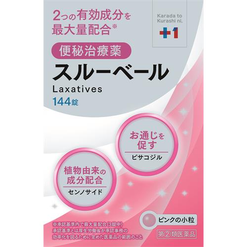 お買い上げいただける個数は3点までです リニューアルに伴いパッケージ・内容等予告なく変更する場合がございます。予めご了承ください。 &nbsp; 商品名称 小林薬品工業 プラスワン　スルーベール　144錠 内容量 144錠 特徴 ◆2つの有効成分を最大量配合（※承認基準内で最大量配合(3錠中))※承認基準とは厚生労働省が承認事務の効率化を図るために定めた医薬品の範囲のこと&nbsp;◆お通じを促すビサコジル ◆植物由来の成分配合センノサイド ◆スルーベールは、2つの有効成分ビサコジルとセンノサイドを配合した便秘薬です。これらの有効成分の作用で、なんとかしたい、つらい便秘と便秘に伴ういろいろな不快症状にすぐれた効果をあらわします。 ◆症状に合わせて1回1-3錠、服用量を調節できます。はじめての方はまず1錠から効き目をお試しください。 ◆ピンクの小粒 効能／効果 ○便秘&nbsp;○便秘に伴う次の症状の緩和：肌あれ、吹出物、頭重、のぼせ、食欲不振（食欲減退）、腹部膨満、腸内異常醗酵、痔 用法／用量 ・次の用量を1日1回就寝前(又は空腹時)に服用してください。・ただし、初回は最小量を用い、便通の具合や状態をみながら少しずつ増量又は減量してください。 ◆成人（15才以上） 2-3日便通がない時：1回量1-2錠 / 1日服用回数1回 ◆成人（15才以上） 4日以上便通がない時：1回量2-3錠 / 1日服用回数1回 ◆15才未満の小児：&times;服用しないこと 【用法・用量に関連する注意】(1) 定められた用法・用量を厳守してください。 (2) 本剤は腸溶錠ですので、かんだり、つぶしたりせずにそのまま服用してください。また、制酸剤又は牛乳と同時に服用しないでください。 (3) 錠剤の取り出し方：右図のように錠剤の入っているPTPシートの凸部を指先で強く押して裏面のアルミ箔を破り、取り出して服用してください。（誤ってそのまま飲み込んだりすると食道粘膜に突き刺さる等思わぬ事故につながります。） 材質・原材料・成分 （1錠中 ）ビサコジル：5mg 、センノサイド：20mg 添加物：乳糖水和物、バレイショデンプン、CMC-Ca、ステアリン酸Mg、ポリビニルアルコール(部分けん化物)、ヒプロメロース、ヒプロメロースフタル酸エステル、クエン酸トリエチル、ゼラチン、タルク、炭酸Ca、白糖、酸化チタン、カルナウバロウ、赤色3号、黄色5号 区分 指定第2類医薬品/便秘治療薬 保管及び取扱い上の注意（免責） (1) 直射日光の当たらない湿気の少ない涼しい所に保管してください。 (2) 小児の手の届かない所に保管してください。 (3) 他の容器に入れ替えないでください。（誤用の原因になったり品質が変わります）&nbsp;(4) 使用期限をすぎた製品は服用しないでください。◆本品記載の使用法・使用上の注意をよくお読みの上ご使用下さい。 注意事項 【してはいけないこと】（守らないと現在の症状が悪化したり、副作用が起こりやすくなります） 1. 本剤を服用している間は、次の医薬品を服用しないでください。◆他の瀉下薬（下剤）&nbsp;2. 授乳中の人は本剤を服用しないか、本剤を服用する場合は授乳を避けてください 3. 大量に服用しないでください 【相談すること】 1. 次の人は服用前に医師、薬剤師又は登録販売者に相談してください (1) 医師の治療を受けている人。 (2) 妊婦又は妊娠していると思われる人。 (3) 薬などによりアレルギー症状を起こしたことがある人。 (4) 次の症状のある人。はげしい腹痛、吐き気・嘔吐 2. 服用後、次の症状があらわれた場合は副作用の可能性があるので、直ちに服用を中止し、この文書を持って医師、薬剤師又は登録販売者に相談してください ◆皮膚：発疹・発赤、かゆみ ◆消化器：はげしい腹痛、吐き気・嘔吐 3. 服用後、次の症状があらわれることがあるので、このような症状の持続又は増強が見られた場合には、服用を中止し、この文書を持って医師、薬剤師又は登録販売者に相談してください。◆下痢&nbsp;4. 1週間位服用しても症状がよくならない場合は服用を中止し、この文書を持って医師、薬剤師又は登録販売者に相談してください 製造元企業名 株式会社アラクス 発売元 小林薬品工業株式会社 お問合せ先 アラクスお客様相談室:0120-225-081 受付:9:00-16:30(土・日・祝日を除く) 広告文責 株式会社ツルハグループマーチャンダイジングカスタマーセンター　047-409-4023 JANコード：4582451712566　