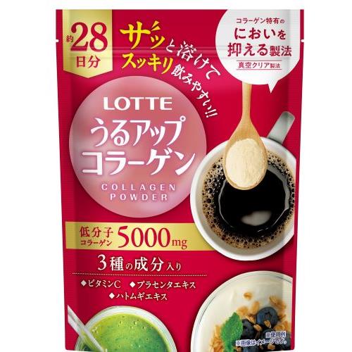 リニューアルに伴いパッケージ・内容等予告なく変更する場合がございます。予めご了承ください。 &nbsp; 商品名称 ロッテ うるアップコラーゲン　185g 内容量 185g 特徴 ◆低分子コラーゲン5000と3種の美容成分配合の粉末コラーゲン。◆朝にピッタリのサッと溶けて、朝の飲み物にあうクセなくスッキリのコラーゲンパウダー。 効能／効果 うるアップコラーゲンパウダーをスプーン1杯でお好きな食事に溶かして取るだけでコラーゲンペプチド5000mg摂れます。 用法／用量 1日当り※軽く大さじ1杯（標準6.6g）を目安に、ご自由にお召し上がりください。 材質・原材料・成分 豚コラーゲンペプチド（ゼラチンを含む）、デキストリン、豚プラセンタエキスパウダー、ハトムギエキスパウダー／トレハロース、ビタミンC、増粘剤（プルラン）、香料、甘味料（アセスルファムK、ステビア） 区分 ダイエット・健康/健康食品 保管及び取扱い上の注意（免責） チャックをしっかりと閉め、直射日光や高温多湿を避け、なるべく早めにお召し上がりください。◆本品記載の使用法・使用上の注意をよくお読みの上ご使用下さい。 注意事項 体質や体調により、まれに身体に合わない場合があります。その場合は直ちに摂取を中止し、医師にご相談ください。◆本品記載の使用法・使用上の注意をよくお読みの上ご使用下さい。 お問合せ先 お問い合わせ先：お客様相談室（フリーダイヤルマーク）　0120-818-711 広告文責 株式会社ツルハグループマーチャンダイジングカスタマーセンター　047-409-4023 JANコード：4903336792112