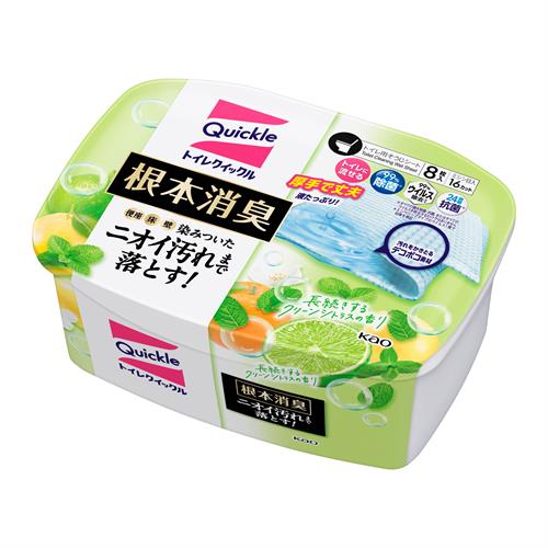 リニューアルに伴いパッケージ・内容等予告なく変更する場合がございます。予めご了承ください。 &nbsp; 商品名称 花王 トイレクイックル　根本消臭　長続きするクリーンシトラスの香り　容器入　8枚 内容量 8枚 特徴 ◆染みついたニオイ汚れまで落として根本消臭 ◆たっぷりの洗浄消臭成分とデコボコかきとりシートでニオイの元となる飛び散った汚れまで落とす！ ◆床 ・壁 ・便器 99%除菌※◆99%ウイルス除去※＊◆24時間抗菌※&nbsp;◆消臭 ※すべての菌を除菌・抗菌、またはすべてのウイルスを除去するわけではありません＊エンベロープタイプのウイルス1種で効果を検証 ◆長続きするクリーンシトラスの香り ●使用済シートは節水トイレにも流せます●浄化槽にも安心して使えます●温水洗浄・暖房便座にも使えます●半分に切れるミシン目入りのシートだから、ちょこっと拭きにも●染みついたニオイ汚れまで落とすトイレ用掃除シート 材質・原材料・成分 シート材質／パルプ 成分／界面活性剤（ポリオキシエチレンアルキルエーテル）、グリコールエーテル、安定化剤、除菌剤 区分 日用品雑貨/フロアワイパー・ダスター取替シート 注意事項 使用上の注意 ●用途外に使わない。 ●子供の手の届く所に置かない。 ●荒れ性の方や長時間使用する場合は、炊事用手袋を使う。 ●水性ペンキやうるし、ニス塗、ワックスの塗装面、白木、桐、ガラス面などには使わない。 ●壁紙はシミになる場合があるので、目立たない部分でためしぶきしてから使う。 ●つまりを避けるため、1枚ずつ流す。 ●流さない時は「燃やせるごみ」として出す。 ●火気の近く、日の当たる所および高温になる所に置かない。 ●乾燥を避けるため、容器のフタの手前をパチンと音がなるまで閉める。◆本品記載の使用法・使用上の注意をよくお読みの上ご使用下さい。 お問合せ先 お客様相談窓口　9:00-17:00（土曜・日曜・祝日を除く）0120-165-693 広告文責 株式会社ツルハグループマーチャンダイジングカスタマーセンター　047-409-4023 JANコード：4901301468215