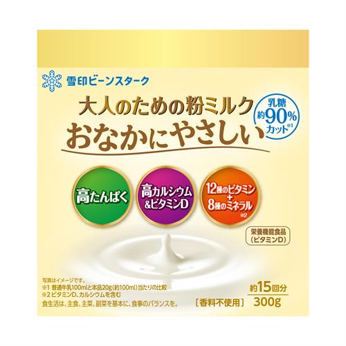 リニューアルに伴いパッケージ・内容等予告なく変更する場合がございます。予めご了承ください。 &nbsp; 商品名称 雪印ビーンスターク 大人のための粉ミルク　おなかにやさしい 内容量 300g 特徴 ◆母乳や粉ミルクの研究からうまれた大人向け栄養バランスサポート食品◆乳糖約90％カット※1◆高たんぱく&nbsp;◆高カルシウム＆ビタミンD ◆12種のビタミン＋8種のミネラル※2※1普通牛乳100mlと本品20g（約100ml）当たりの比較※2ビタミンD、カルシウムを含む 用法／用量 1日20g（大さじ約3杯）を目安に、約100mlのお湯や水に溶かしてお召し上がりください。スプーン(大さじ)は別途ご用意ください 栄養成分表示等 栄養成分:20g当たり：エネルギー88kcal、たんぱく質5．0g、脂質3．0g、炭水化物10．6g、−糖質9．6g−食物繊維1．0g、食塩相当量0．10g、ビタミンA200&mu;g、ビタミンB10．18mg、ビタミンB20．18mg、ビタミンB60．12mg、ビタミンB120．50&mu;g、ビタミンC10mg、ビタミンD2．0&mu;g、ビタミンE1．3mg、ビタミンK5．7&mu;g、ナイアシン1．8mg、パントテン酸0．4mg、葉酸36&mu;g、カルシウム150mg、リン100mg、鉄1．6mg、カリウム120mg、マグネシウム13mg、亜鉛0．8mg、セレン2．6&mu;g、モリブデン3．5&mu;g、トリプトファン66mg、リノール酸440mg、&alpha;-リノレン酸80mg、イソマルトオリゴ糖200mg、乳糖0．35gアレルギー物質:乳製品・大豆 材質・原材料・成分 脱脂粉乳、デキストリン（でん粉糖化物）、乳たんぱく質、植物油（パーム核油、パーム油、カノーラ油、大豆油）、イソマルトオリゴ糖液糖、イヌリン（食物繊維）／レシチン、クエン酸K、塩化Mg、炭酸Ca、V.C、ピロリン酸鉄、V.E、グルコン酸亜鉛、炭酸K、ナイアシン、V.A、パントテン酸Ca、V.B1、V.B6、V.B2、葉酸、V.K、V.D、V.B12、（一部に乳成分・大豆を含む） 区分 ダイエット・健康/健康食品 保管及び取扱い上の注意（免責） ●使用する際は、虫やほこり、髪の毛などが入らないようにご注意ください。●開缶後は、湿気を避け、乾燥した涼しい場所に保管し、冷蔵庫には入れないでください。●開缶後は1か月以内にお召し上がりください。◆本品記載の使用法・使用上の注意をよくお読みの上ご使用下さい。 注意事項 ●缶切りを使用しないでください。切り口で手をけがしたり、切りくずが混入するおそれがあります。◆本品記載の使用法・使用上の注意をよくお読みの上ご使用下さい。 発売元 雪印ビーンスターク お問合せ先 0120-241-537 9時-17時（土日祝・年末年始除く） 広告文責 株式会社ツルハグループマーチャンダイジングカスタマーセンター　047-409-4023 JANコード：4987493030140