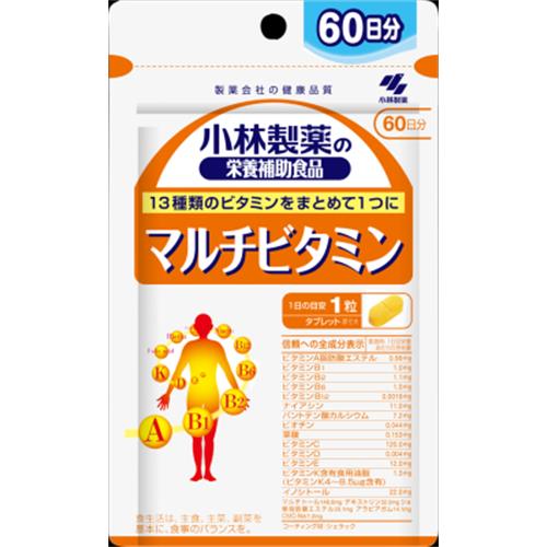 リニューアルに伴いパッケージ・内容等予告なく変更する場合がございます。予めご了承ください。 &nbsp; 商品名称 小林製薬 小林サプリメント　マルチビタミン　60粒 内容量 60粒 特徴 ◆13種類のビタミンをまとめて1つに補給できる栄養機能食品です。 &nbsp; ◆忙しい毎日を送る方、食生活が乱れがちな方の健康維持をサポートします。 &nbsp; ◆1日1粒目安で手軽に続けられます。 &nbsp; ◆健康維持に欠かせない13種類のビタミン（ビタミンA、ビタミンB1、ビタミンB2、ビタミンB6、ビタミンB12、ナイアシン、パントテン酸、ビオチン、葉酸、ビタミンC、ビタミンD、ビタミンE、ビタミンK）をバランスよく配合したサプリメントです。 &nbsp; ◆カプセルや錠剤の服用が苦手な方でも摂りやすい粒タイプで、日々の栄養補給を効率的にバックアップします。 効能／効果 【栄養機能食品としての機能表示】 ・ビタミンB1：炭水化物からのエネルギー産生と皮膚や粘膜の健康維持を助ける栄養素です。 ・ビタミンB2、パントテン酸、ビオチン：皮膚や粘膜の健康維持を助ける栄養素です。 ・ビタミンB6：たんぱく質からのエネルギー産生と皮膚や粘膜の健康維持を助ける栄養素です。 ・ビタミンB12、葉酸：赤血球の形成を助ける栄養素です。（葉酸は胎児の正常な発育にも寄与します） ・ビタミンC：皮膚や粘膜の健康維持を助けるとともに、抗酸化作用を持つ栄養素です。 ・ビタミンE：抗酸化作用により、体内の脂質を酸化から守り、細胞の健康維持を助ける栄養素です。 ※本品は健康食品（栄養機能食品）であり、医薬品のような病気の治療 ・予防に対する直接的な効能・効果を標榜するものではありません。 用法／用量 ・栄養補助食品として1日1粒を目安に、かまずに水またはお湯とともにお召し上がりください。 ・短期間に大量に摂ることは避けてください。 栄養成分表示 （1日目安量 1粒あたり） ・エネルギー：1.5kcal ・たんぱく質：0g ・脂質：0.019g ・炭水化物：0.33g ・食塩相当量：0.000044-0.0018g ・ビタミンA：770&mu;g ・ビタミンB1：1.2mg ・ビタミンB2：1.4mg ・ビタミンB6：1.3mg ・ビタミンB12：2.4&mu;g ・ナイアシン：13mg ・パントテン酸：4.8mg ・ビオチン：50&mu;g ・葉酸：240&mu;g ・ビタミンC：100mg ・ビタミンD：5.5&mu;g ・ビタミンE：6.3mg ・ビタミンK：15&mu;g ・イノシトール：20mg 材質・原材料・成分 【原材料】 マルチトール、デキストリン、V.K含有食用油脂（大豆を含む）／V.C、イノシトール、ショ糖脂肪酸エステル、V.E、アラビアガム、ナイアシン、糊料（CMC-Na）、パントテン酸Ca、シェラック、V.B1、V.B6、V.B2、V.A、葉酸、ビオチン、V.D、V.B12&nbsp; 保管及び取扱い上の注意（免責） 【保管上の注意】 ・直射日光を避け、湿気の少ない涼しい所に保存してください。 ・乳幼児・小児の手の届かない所に保管してください。 【免責事項】 ・メーカーの都合等により、商品規格・仕様（パッケージ、容量、原材料、原産国など）が変更される場合がございます。ご使用前には必ずお届けした商品の商品ラベルや注意書きをご確認ください。◆本品記載の使用法・使用上の注意をよくお読みの上ご使用下さい。 注意事項 ・食生活は、主食、主菜、副菜を基本に、食事のバランスを。 ・本品は、多量摂取により疾病が治癒したり、より健康が増進するものではありません。1日の摂取目安量を守ってください。 ・葉酸は、胎児の正常な発育に寄与する栄養素ですが、多量摂取により胎児の発育がよくなるものではありません。 ・妊娠3か月以内又は妊娠を希望する女性は過剰摂取にならないよう注意してください。 ・乳幼児・小児の手の届かない所に置いてください。 ・薬を服用中、通院中又は妊娠・授乳中の方は医師にご相談ください。 ・食物アレルギーの方は原材料名をご確認の上、お召し上がりください。 ・体質体調により、まれに体に合わない場合(発疹、胃部不快感など)があります。その際はご使用を中止ください。 ・ビタミンB2の影響で尿が黄色くなることがあります。 ・原材料の特性により色等が変化することがありますが、品質に問題はありません。 ・本品は、特定保健用食品と異なり、消費者庁長官による個別審査を受けたものではありません。 ・開封後はチャックをしっかり閉めて、お早めにお召し上がりください。◆本品記載の使用法・使用上の注意をよくお読みの上ご使用下さい。 発売元 小林製薬 お問合せ先 メーカー名：小林製薬株式会社 お問い合わせ電話番号（お客様相談室）：0120-5884-02 （受付時間 9:00-17:00 / 土・日・祝日を除く） 広告文責 株式会社ツルハグループマーチャンダイジングカスタマーセンター　047-409-4023 JANコード：4987072098066