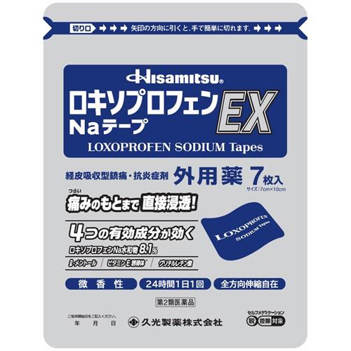 お買い上げいただける個数は3個までです リニューアルに伴いパッケージ・内容等予告なく変更する場合がございます。予めご了承ください。 &nbsp; 商品名称 久光製薬 HisamitsuロキソプロフェンNaテープEX　7枚 内容量 7枚/サイズ:7cm&times;10cm 特徴 優れた鎮痛消炎効果のあるロキソプロフェンナトリウム水和物を配合。 効能／効果 腰痛、肩こりに伴う肩の痛み、関節痛、筋肉痛、腱鞘炎（手・手首の痛み）、肘の痛み（テニス肘など）、打撲、捻挫 用法／用量 表面のライナー（フィルム）をはがし、1日1回患部に貼付する。 材質・原材料・成分 膏体100g中[1枚あたり(7cm&times;10cm)膏体量0.7g] ロキソプロフェンナトリウム水和物...8.10g(無水物として7.14g) l-メントール...3.50g&nbsp;トコフェロール酢酸エステル...2.30g (*ビタミンE誘導体) グリチルレチン酸...0.10g添加物:スチレン・イソプレン・スチレンブロック共重合体、ポリイソブチレン、脂環族飽和炭化水素樹脂、水素添加ロジングリセリンエステル、流動パラフィン、ジブチルヒドロキシトルエン、その他3成分 区分 医薬品・コンタクト・介護/第2類医薬品 保管及び取扱い上の注意（免責） （1）直射日光の当たらない湿気の少ない涼しい所に密栓して保管してください。 （2）小児の手の届かない所に保管してください。 （3）他の容器に入れ替えないでください。（誤用の原因になったり、品質が変わることがあります。） （4）品質保持のため、開封後の未使用分は袋に入れ、袋のチェックをきちんと閉めて保管してください。 （5）表示の使用期限を過ぎた製品は使用しないでください。また、アルミ袋を開封した後は、なるべく早く使用してください。◆本品記載の使用法・使用上の注意をよくお読みの上ご使用下さい。 注意事項 【してはいけないこと】 (守らないと現在の症状が悪化したり、副作用が起こりやすくなります。) 1.次の人は使用しないでください。(1)本剤又は本剤の成分によりアレルギー症状を起こしたことがある人 (2)本剤又は他の解熱鎮痛薬、かぜ薬、外用鎮痛消炎薬を使用してぜんそくを起こしたことがある人 (3)15歳未満の小児 2.次の部位には使用しないでください。 (1)目の周囲、粘膜等 (2)湿疹、かぶれ、傷口 (3)みずむし・たむし等又は化膿している患部3.本剤を使用している間は、他の外用鎮痛消炎薬を使用しないでください。4.連続して2週間以上使用しないでください。 【相談すること】 1.次の人は使用前に医師、薬剤師又は登録販売者に相談してください。(1)医師の治療を受けている人 (2)薬などによりアレルギー症状を起こしたことがある人 (3)妊婦又は妊娠していると思われる人 (4)高齢者(5)次の診断を受けた人 気管支ぜんそく2.使用後、次の症状があらわれた場合は副作用の可能性がありますので、直ちに使用を中止し、この袋を持って医師、薬剤師又は登録販売者に相談してください。[関係部位:症状] ●皮膚:発疹・発赤、かゆみ、はれ、ヒリヒリ感、かぶれ、水疱、青あざができる、色素沈着 ●消化器:胃部不快感、みぞおちの痛み●その他:むくみまれに下記の重篤な症状が起こることがあります。その場合は直ちに医師の診療を受けてください。[症状の名称:症状] ショック(アナフィラキシー):使用後すぐに、皮膚のかゆみ、じんましん、声のかすれ、くしゃみ、のどのかゆみ、息苦しさ、動悸、意識の混濁等があらわれる。3.使用後、次の症状があらわれることがありますので、このような症状の持続又は増強が見られた場合には、使用を中止し、この袋を持って医師、薬剤師又は登録販売者に相談してください。　　下痢・軟便 4.5-6日間使用しても症状がよくならない場合は使用を中止し、この袋を持って医師、薬剤師又は登録販売者に相談してください。◆本品記載の使用法・使用上の注意をよくお読みの上ご使用下さい。 お問合せ先 久光製薬株式会社　お客様相談室　 電話 0120-133250 受付時間 9:00‐17:50 (土日・祝日・会社祝日を除く) 広告文責 株式会社ツルハグループマーチャンダイジングカスタマーセンター　047-409-4023 JANコード：4987188116043