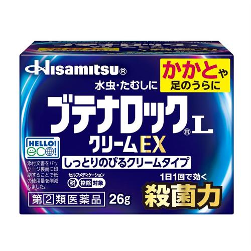 お買い上げいただける個数は3個までです リニューアルに伴いパッケージ・内容等予告なく変更する場合がございます。予めご了承ください。 &nbsp; 商品名称 久光製薬 ブテナロックLクリームEX　26g 内容量 26g 特徴 ●優れた殺菌力「ブテナフィン塩酸塩」配合。●カサカサしたかかとにしっとりのびるクリームタイプ。●底面が丸みを帯びている容器のため、最後まで使いやすい。 効能／効果 みずむし、いんきんたむし、ぜにたむし 用法／用量 1日1回、適量を患部に塗布してください。 材質・原材料・成分 【成分・分量（1g中）】 ブテナフィン塩酸塩 10mg ジブカイン塩酸塩 2mg クロルフェニラミンマレイン酸塩 5mg グリチルレチン酸 2mg イソプロピルメチルフェノール 3mg 【添加物】 2-エチルヘキサン酸セチル、ジエタノールアミン、自己乳化型ステアリン酸グリセリン、ジメチルポリシロキサン、スクワラン、セトステアリルアルコール、パラベン、ヒアルロン酸Na、BHT、プロピレングリコール、ベヘニルアルコール、ポリオキシエチレンベヘニルエーテル、ミリスチン酸イソプロピル 区分 医薬品・コンタクト・介護/指定2類医薬品 保管及び取扱い上の注意（免責） （1）直射日光の当たらない涼しい所に密栓して保管してください。 （2）小児の手の届かない所に保管してください。 （3）他の容器に入れ替えないでください。（誤用の原因になったり、品質が変わることがあります。） （4）表示の使用期限を過ぎた商品は使用しないでください。 なお、使用期限内であっても品質保持の点からなるべく早く使用してください。◆本品記載の使用法・使用上の注意をよくお読みの上ご使用下さい。 注意事項 1. 次の人は使用しないでください。 ［守らないと現在の症状が悪化したり、副作用が起こりやすくなります。］ ●本剤又は本剤の成分によりアレルギー症状を起こしたことがある人。 2. 次の部位には使用しないでください。 （1）目や目の周囲、粘膜（例えば口腔、鼻腔、膣等）、陰のう、外陰部等。 （2）湿疹。 （3）湿潤、ただれ、亀裂や外傷のひどい患部。◆本品記載の使用法・使用上の注意をよくお読みの上ご使用下さい。 お問合せ先 久光製薬株式会社　お客様相談室 電話 0120-133250 　受付時間 9:00‐17:50 (土日・祝日・会社祝日を除く) 広告文責 株式会社ツルハグループマーチャンダイジングカスタマーセンター　047-409-4023 JANコード：4987188188309　