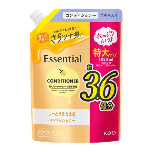 リニューアルに伴いパッケージ・内容等予告なく変更する場合がございます。予めご了承ください。 &nbsp; 商品名称 花王 エッセンシャル　しっとりまとまる　コンディショナー　つめかえ用　1080ml　詰め替え　詰替 内容量 1080ml 特徴 ●たっぷりおトク！ 特大サイズ1080ml&nbsp;●パサつき、広がる髪に 毛先までしっとりまとまる髪へ ●翌朝も手ぐしでするん！ ●傷んだ毛先まで、さらツヤ髪に キューティクルケア＆髪内部ケア ●荒れたキューティクル表面もなめらかに補修 ●傷んだ髪内部まで浸透＆補修 高純度ハニー＆プロテイン＆乳酸※1配合（保湿） ※1 はちみつ、加水分解コラーゲン、乳酸 ●天然由来の美髪オイル18MEA-OIL※2配合（補修） ※2 ラノリン脂肪酸●ドライヤー時からまりにくく乾かしやすい●熱・摩擦による髪ダメージ予防 髪のからまりを防ぎやさしく洗える、傷んだ毛先までするするの指どおり●シャンプー・コンディショナーをセットでお使いいただくことをおすすめします。 ●ふわりときめく フローラルブーケの香り 用法／用量 シャンプーの後、適量を直接髪全体によくなじませてから、すすいでください。 材質・原材料・成分 水、ステアリルアルコール、DPG、ジメチコン、ステアロキシプロピルジメチルアミン、乳酸、アモジメチコン、ビスセテアリルアモジメチコン、ハチミツ、加水分解コラーゲン、ラノリン脂肪酸、ヒマワリ種子油、PPG-3カプリリルエーテル、ポリグリセリン-3、リンゴ酸、パルミチン酸イソプロピル、セテアレス-7、セテアレス-25、ヘキサ（ヒドロキシステアリン酸／ステアリン酸／ロジン酸）ジペンタエリスリチル、（ビスイソブチルPEG-15／アモジメチコン）コポリマー、エタノール、フェノキシエタノール、ベンジルアルコール、香料 区分 美容・コスメ・香水/シャンプー・コンディショナー 注意事項 ●頭皮に傷、湿疹等異常のある時は使わないでください&nbsp;●刺激等の異常が出たら使用を中止し、皮フ科医へ相談してください ●つめかえる時や使用中、目に入らないよう注意し、入った時は、すぐに充分洗い流してください◆本品記載の使用法・使用上の注意をよくお読みの上ご使用下さい。 お問合せ先 お客様相談窓口9:00-17:00（土曜・日曜・祝日を除く）0120-165-692 広告文責 株式会社ツルハグループマーチャンダイジングカスタマーセンター　047-409-4023 JANコード：4901301471611