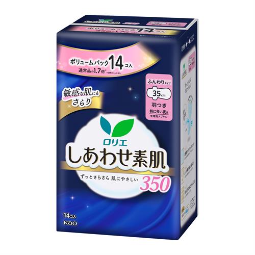 リニューアルに伴いパッケージ・内容等予告なく変更する場合がございます。予めご了承ください。 名　称 ロリエ　しあわせ素肌　ボリュームパック　特に多い夜用35cm　羽つき 内容量 14個/サイズ：35cm 特　徴 お徳な1.7倍※ ※通常8個入に対し 瞬間吸収のロリエ ふんわりタイプ 肌さらさら続く 生理中の繊細な素肌にやさしい 低刺激タッチ ワッフルシート 無香料 構成材料 表面材：ポリエチレン・ポリプロピレン・ポリエステル 色調：白、ピンク（赤色202号を含む） 区　分 医薬部外品/夜用生理ナプキン/日本製 ご注意 ◆本品記載の使用法・使用上の注意をよくお読みの上ご使用下さい。 販売元 花王株式会社　東京都中央区日本橋茅場町1-14-10 お問い合わせ先　電話：0120-165-695 広告文責 株式会社ツルハグループマーチャンダイジング カスタマーセンター　047-409-4023 JANコード：4901301419484