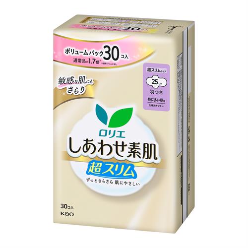 リニューアルに伴いパッケージ・内容等予告なく変更する場合がございます。予めご了承ください。 名　称 ロリエ　しあわせ素肌　ボリュームパック　通気超スリム　特に多い昼用25cm　羽つき 内容量 30個/サイズ：25cm 特　徴 お徳な1.7倍※ ※通常17個入に対し 瞬間吸収のロリエ 超スリムタイプ 肌さらさら続く 生理中の繊細な素肌にやさしい 低刺激タッチ ワッフルシート 無香料 構成材料 表面材：ポリエチレン・ポリプロピレン・ポリエステル 色調：白、青（青色404号を含む） 区　分 医薬部外品/昼用生理ナプキン/日本製 ご注意 ◆本品記載の使用法・使用上の注意をよくお読みの上ご使用下さい。 販売元 花王株式会社　東京都中央区日本橋茅場町1-14-10 お問い合わせ先　電話：0120-165-695 広告文責 株式会社ツルハグループマーチャンダイジング カスタマーセンター　047-409-4023 JANコード：4901301419491