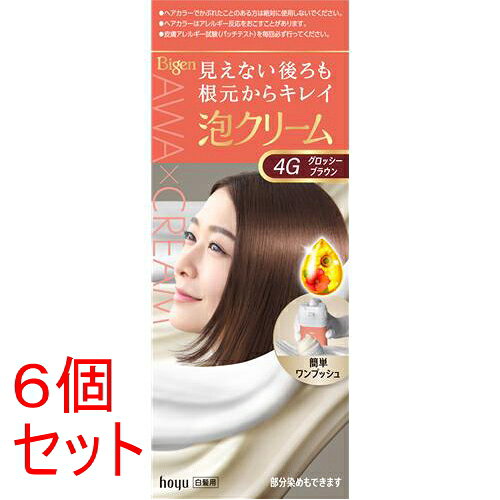 リニューアルに伴いパッケージ・内容等予告なく変更する場合がございます。予めご了承ください。 &nbsp; 商品名称 ホーユー ビゲン泡クリームカラー　4G 内容量 50g+40g+5mL&times;6/色:グロッシーブラウン 特徴 ●濃密もっちり泡クリーム。●手塗りで簡単。するりと伸びてしっかり密着。●見えない後ろもしっかり染まる。●美しい髪色のために6種のこだわり成分配合。・色持ち成分（タウリン・テアニン）・ツヤ成分※1（ツバキ油・ヒマワリ油）※1毛髪保護成分・うるおい成分（海藻エキス・海洋コラーゲン※2）※2水溶性コラーゲン液-3●カラー後の髪をケアするアフターカラー美容液付き。●塗りやすさと染まりやすさが進化した薬剤だから、見えない後ろも濃密に染まる 泡クリームの白髪染め 効能／効果 白髪が染まる 用法／用量 （1）ボトルを振る・・上下に20回ほど強く振ります。（2）手に出す・・プッシュレバーをしっかり押し、クリームを出します。（3）髪にぬる・・乾いた髪にぬり、髪全体になじませます。30分放置（4）洗い流す・・よくすすぎ、シャンプー・コンディショナーをし、タオルドライ後、付属のアフターカラー美容液で仕上げます。 材質・原材料・成分 1剤／有効成分：塩酸2,4-ジアミノフェノキシエタノール、トルエン-25-ジアミン、パラアミノフェノール、パラフェニレンジアミン、レゾルシン　その他の成分：HEDTA・3Na2水塩、LPG、PEG-30ラノリン、PEG-8、POE(21)ラウリルエーテル、POEセチルエーテル、アスコルビン酸、グリコール酸、ステアルトリモニウムクロリド、タウリン、ツバキ油、テアニン、ヒマワリ油-1、ベヘニルアルコール、ミリスチルアルコール、モノエタノールアミン、ルチン、海藻エキス-1、強アンモニア水、水溶性コラーゲン液-3、尿素、濃グリセリン、無水亜硫酸Na、流動パラフィン、香料　2剤／有効成分：過酸化水素水　その他の成分：POEステアリルエーテル、POEセチルエーテル、ジメチコン、ステアリルアルコール、ステアルトリモニウムクロリド、ヒドロキシエタンジホスホン酸4Na液、ヒドロキシエタンジホスホン酸液、フェノキシエタノール、ベヘニルアルコール、ポリ塩化ジメチルジメチレンピロリジニウム液、高重合ジメチコン-1、流動パラフィン　美容液／水、ジメチコン、PG、エタノール、グリセリン、セテアリルアルコール、ベヘントリモニウムメトサルフェート、セタノール、BG、（C12-14）パレス-12、EDTA-2Na、アミノプロピルジメチコン、アモジメチコン、加水分解コンキオリン、ジメチコノール、酒石酸、タウリン、テアニン、ハチミツ、ヒドロキシエチルセルロース、フェノキシエタノール、ミリスチン酸オクチルドデシル、香料 区分 美容・コスメ・香水/ヘアカラー・白髪染め/医薬部外品 保管及び取扱い上の注意（免責） ●幼小児の手の届かない所に保管してください。●高温や直射日光を避けて保管してください。●幼小児には使用しないでください。◆本品記載の使用法・使用上の注意をよくお読みの上ご使用下さい。 注意事項 ＜必ずご購入前・ご使用前にお読みください。＞●ご使用の際は使用説明書をよく読んで正しくお使いください。●次の方は使用しないでください。・今までに本品に限らずヘアカラーでかぶれたことのある方・今までに染毛中または直後に気分の悪くなったことのある方・皮膚アレルギー試験（パッチテスト）の結果、皮膚に異常を感じた方・頭皮あるいは皮膚が過敏な状態になっている方（病中、病後の回復期、生理時、妊娠中等）・頭、顔、首筋にはれもの、傷、皮膚病がある方・腎臓病、血液疾患等の既往症がある方・体調不良の症状が持続する方（微熱、けん怠感、動悸、息切れ、紫斑、出血しやすい、月経等の出血が止まりにくい等）●薬剤や洗髪時の洗い液が目に入らないようにしてください。●眉毛、まつ毛には使用しないでください。◆本品記載の使用法・使用上の注意をよくお読みの上ご使用下さい。 製造元企業名 ホーユー株式会社 お問合せ先 ホーユー株式会社　お客様相談室：0120-416-229 広告文責 株式会社ツルハグループマーチャンダイジングカスタマーセンター　047-409-4023 JANコード：4987205014123