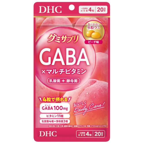 リニューアルに伴いパッケージ・内容等予告なく変更する場合がございます。予めご了承ください。 &nbsp; 商品名称 DHC グミサプリ　GABA&times;マルチビタミン　ディーエイチシー 内容量 80粒 特徴 ●「楽しくはじめる整い習慣、おいしくDailyCare！」をコンセプトにしたグミサプリ。●健康や美容を意識しながらも、なかなか習慣化できていない方でも取り入れやすく、11種のビタミンに加え、乳酸菌や酵母、悩みに合わせた成分をおいしく手軽に摂取できます。●グレープ・レモン・ピーチの3種を展開。 用法／用量 【1日4粒を目安にお召し上がりください。】一日摂取目安量を守り、よく噛んでお召し上がりください。 栄養成分表示等 栄養成分:【4粒（6g）あたり】熱量20kcal、たんぱく質0.6g、脂質0g、炭水化物4.4g、食塩相当量0.002g、ナイアシン6.5mg、パントテン酸2.8mg、ビタミンA385&mu;g、ビタミンB1 0.5mg、ビタミンB2 0.7mg、ビタミンB6 0.7mg、ビタミンB12 2.0&mu;g、ビタミンC50mg、ビタミンD4.5&mu;g、ビタミンE3.3mg、葉酸120&mu;g、ギャバ100mg、乳酸菌・酵母醗酵殺菌末10mg （乳酸菌4種＋酵母菌3種）アレルギー物質:乳成分・もも・りんご・ゼラチン 材質・原材料・成分 砂糖、水あめ、ゼラチン、濃縮もも果汁、&gamma;‐アミノ酪酸末（&gamma;‐アミノ酪酸（ギャバ）、還元澱粉分解物）、乳酸菌・酵母醗酵殺菌末、食用油脂、でん粉／甘味料（ソルビトール）、V.C、酸味料、V.E、ナイアシン、パントテン酸Ca、ゲル化剤（ペクチン）、香料、紫コーン色素、V.B1、V.A、V.B6、V.B2、光沢剤、葉酸、V.D3、V.B12、（一部に乳成分・もも・りんご・ゼラチンを含む） 区分 ダイエット・健康/サプリメント 保管及び取扱い上の注意（免責） ●直射日光、高温多湿な場所をさけて、なるべく涼しい所に保存してください。●お子様の手の届かないところで保管してください。●開封後はしっかり開封口を閉め、なるべく早くお召し上がりください。※直射日光の当たる場所や高温下に置かれると、ゼラチンがとけて付着したり、軟化・変形することがあります。※直射日光・高温の場所に置かれたり、経時変化により、グミの色が褐色に変化することがあります。※経時変化により、グミが硬くなる場合がありますが、品質に問題はありません。※グミ表面に白いものが見えることがありますが、これは原材料の一部です。◆本品記載の使用法・使用上の注意をよくお読みの上ご使用下さい。 注意事項 ●本品は特定原材料及びそれに準ずるアレルギー物質を対象範囲として表示しています。●本品は特定原材料のアレルギー物質のうち、小麦、卵、落花生、えびを含む製品と共通の設備で製造しています。●お身体に異常を感じた場合は、摂取を中止してください。●原材料をご確認の上、食物アレルギーのある方はお召し上がりにならないでください。●薬を服用中あるいは通院中の方、妊娠中の方は、お医者様にご相談の上お召し上がりください。※歯科治療材が取れる場合がありますのでご注意ください。※重量管理をしておりますので、粒数にバラつきがでる場合がありますが、20日分（一日摂取目安量4粒として）が入るように管理しております。●約4倍濃縮のもも果汁を0.3g（4粒目安）使用していますので、生果汁に換算しますと、商品重量の約20％に相当する量を使用しています。●食生活は、主食、主菜、副菜を基本に、食事のバランスを。 お問合せ先 DHC　お客様相談室：0120-575-391 広告文責 株式会社ツルハグループマーチャンダイジングカスタマーセンター　047-409-4023 JANコード：4511413408742