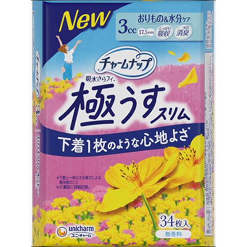 リニューアルに伴いパッケージ・内容等予告なく変更する場合がございます。予めご了承ください。 &nbsp; 商品名称 ユニチャーム チャームナップ吸水さらフィ極うすスリム3cc34枚 内容量 34枚/サイズ:17.5cm 特徴 ◆薄さ約1.5mmで極うす！やわらかメッシュシートで軽くてやさしいつけ心地。◆下着1枚のような心地よさ。 材質・原材料・成分 表面材:ポリオレフィン・ポリエステル不織布 区分 軽失禁ライナー 保管及び取扱い上の注意（免責） ◆開封後はほこりや虫などの異物が入らないよう、衛生的に保管してください。◆本品記載の使用法・使用上の注意をよくお読みの上ご使用下さい。 注意事項 ◆お肌に合わないときは医師に相談してください。◆トイレに流さないでください。◆本品記載の使用法・使用上の注意をよくお読みの上ご使用下さい。 お問合せ先 ユニ・チャームいきいきダイヤル 0120-041-062 広告文責 株式会社ツルハグループマーチャンダイジングカスタマーセンター　047-409-4023 JANコード：4903111048717