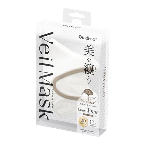 リニューアルに伴いパッケージ・内容等予告なく変更する場合がございます。予めご了承ください。 &nbsp; 商品名称 グディナ　ヴェールマスク　10枚　クリアホワイト 内容量 10枚&times;1 特徴 市場初の4層構造で着け感のない最高おしゃれマスク！-市場初のヴェール生地採用で従来の不織布マスクでは表現できなかった発色を可能にしたため、より美しく顔を覆い、ファッションに合わせて色を選べるラインナップです。 -口元にあたる4層目に特許出願中の特殊な高通気性の不織布を採用し、業界最高水準の通気性を実現。まるでマスクを着用していないかのような体験ができます。 -特殊繊維を編み込んだ軽やかな着け心地の耳ひもを採用し、マスク特有の「着け感」がなく長時間快適です。お顔の大きさに関係なく耳が痛くなりにくいです。 -バイカラーマスクでは希少な個別包装で衛生的で持ち運び便利です。 材質・原材料・成分 ポリプロピレン、ポリエステル、ポリウレタン 区分 衛生マスク・個別包装/原産国:中国 保管及び取扱い上の注意（免責） 注意事項をお読みいただいた上で、ご使用ください。 注意事項 ◆本品記載の使用法・使用上の注意をよくお読みの上ご使用下さい。 お問合せ先 048-423-6861 広告文責 株式会社ツルハグループマーチャンダイジングカスタマーセンター　047-409-4023 JANコード：4570093521363