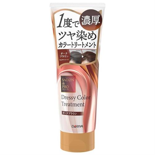 リニューアルに伴いパッケージ・内容等予告なく変更する場合がございます。予めご了承ください。 &nbsp; 商品名称 サロンドプロ　ドレッシーカラートリートメント　ダークブラウン 内容量 230g 特徴 ●乾いた髪に塗り、1度で濃厚にツヤ染め白髪用カラートリートメント。髪への負担少なく白髪対策ができます。 ●W染料で浸透と吸着の染毛力、Wコラーゲン（ナノコラーゲン※1：うるおい成分、コートコラーゲン※2：毛髪保護成分）で保湿と色持ちのドレッシーカラー処方です。（※1加水分解コラーゲン　※2加水分解コラーゲンPGプロピルメチルシランジオール） ●つややか成分（ローズヒップ※3、ホホバ、アプリコット※4）、うるおい成分（アボカド）、毛髪補修成分（アルガン※5）の5つの植物性オイル配合。（※3カニナバラ果実油　※4アンズ核油　※5アルガニアスピノサ核油） ●上品なホワイトティ—の香り。 ●カラー：ダークブラウン。 材質・原材料・成分 水、セタノール、トリ（カプリル酸/カプリン酸）グリセリル、水添ポリイソブテン、グリコール、ステアリルアルコール、ベヘントリモニウムクロリド、ソルビトール、アボカド油、アルガニアスピノサ核油、アンズ核油、エタノール、オレイン酸オレイル、加水分解コラーゲン、加水分解コラーゲンPGプロピルメチルシランジオール、（加水分解シルク/PGプロピルメチルシランジオール）クロスポリマー、カニナバラ果実油、クエン酸、水酸化K、ステアルトリモニウムクロリド、ホホバ種子油、メチルパラベン、PPG-7、香料、塩基性青124、塩基性赤51、塩基性橙31、塩基性茶16、HC青12、HC黄4 使用方法 ●必ず手袋をして使用してください。&nbsp;●乾いた髪に使用してください。 ●使用量の目安：セミロングヘアでピンポン玉約3個分 1.適量を髪全体によくなじませます。白髪が気になる部分には、たっぷり塗ってください。 ※整髪料等がついていないきれいな状態の髪に使用してください。 2.5-10分程放置します。 ※さらに時間を置くと、より効果的です。 3.手袋をしたままよくすすぎます。汚れてもさしつかえないタオルでふいた後、ドライヤーでしっかり乾かします。 ※お好みでシャンプー・コンディショナー等を使用してください。 ●ご使用前に、浴室や浴槽の壁、床等をぬらしておくと汚れが落ちやすくなります。 ●髪色をキープするために、週に1-2回を目安に使用してください。 ●髪質や白髪の量により、色味・着色効果は異なり、数回の使用でも効果を感じにくい場合があります。 ●シャンプーするたび徐々に色落ちします。 ●ぬれた髪に使用する場合は、タオルで水気をふき取ってから使用してください。◆本品記載の使用法・使用上の注意をよくお読みの上ご使用下さい。 区分 化粧品/サロンドプロ/SALON de PRO/ドレッシー/カラートリートメント/白髪用/1度で濃厚/ツヤ染め/浸透/吸着/W染料/しっとり/潤い/Wコラーゲン/つややか/植物由来オイル配合/ホワイトティーの香り/ダークブラウン/ダリヤ/原産国:日本/ 保管及び取扱い上の注意（免責） ●乳幼児の手の届かない所に保管してください。&nbsp;●直射日光のあたる場所、高温多湿の場所、温度変化の激しい場所を避けて常温で保管してください。 注意事項 ●お肌や頭皮に異常が生じていないかよく注意して使用してください。&nbsp;●赤味、はれ、かゆみ、刺激、色抜け（白斑等）や黒ずみ（製品による汚れを除く）等の異常があらわれた場合は使用を中止し、皮膚科専門医等にご相談ください。 ●傷やしっしん等、異常のある部位には使用しないでください。 ●目に入ったときは、直ちに洗い流してください。目に異物感が残る場合は、眼科医にご相談ください。 ●頭皮にすり込まないでください。 ＜色移り・色落ちに関するご注意＞ ●お肌、頭皮につくとなかなか色が落ちませんのですぐに石けんで洗い流してください。 ●衣服や布等に色がつくと取れませんので注意してください。 ●浴室、洗面台、容器等に色がついたときはすぐに洗い流してください。そのままにしておくと色が取れなくなる恐れがあります。 ●髪がぬれているとき（洗髪後や汗をかく等）や育毛剤や整髪料を多量に使用したときは、衣服、帽子、タオル、枕等に色移りすることがあります。◆本品記載の使用法・使用上の注意をよくお読みの上ご使用下さい。 お問合せ先 株式会社ダリヤ 〒460-0002　名古屋市中区丸の内3-5-24 お客さま相談室　0120-572152 受付時間　9：00-17：00（土・日・祝日を除く） 広告文責 株式会社ツルハグループマーチャンダイジングカスタマーセンター　047-409-4023 JANコード：4904651187522