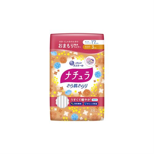 リニューアルに伴いパッケージ・内容等予告なく変更する場合がございます。予めご了承ください。 名　称 ナチュラ　さら肌さらり　軽やか吸水パンティライナー　17cm　3cc 内容量 38枚(サイズ：17cm) 特　徴 ◆せき・くしゃみのときのおまもりケア◆薄さ2mm吸収体でつけてる感ゼロへスリム吸収体生理用ナプキンより薄くて軽い。※大王製紙昼用生理用ナプキン比較 ◆さらさら肌ざわり表面に水分を残さず、さらっとした肌ざわり。◆消臭機能（無香料）ニオイをしっかり閉じ込める ◆さらっと除湿全面通気性バックシートでムレ軽減大王製紙/エリエール/ナチュラ 構成材料 表面材：ポリエチレン／ポリプロピレン 区　分 吸水ケア(おりもの＆水分)用品、パンティライナー、軽度尿失禁用シート/中国製 注意事項 ●お肌に合わない時は医師に相談してください。●使用後、トイレに流さないでください。●使用後は適切な廃棄をこころがけましょう。 ●開封後は、ほこりや虫等が入り込まないよう、衛生的に保管してください。◆本品記載の使用法・使用上の注意をよくお読みの上ご使用下さい。 販売元 大王製紙株式会社　東京都千代田区富士見2丁目10番2号　飯田橋グラン・ブルームお問い合わせ　電話：0120-205205 広告文責 株式会社ツルハグループマーチャンダイジングカスタマーセンター　047-409-4023 JANコード：4902011105247