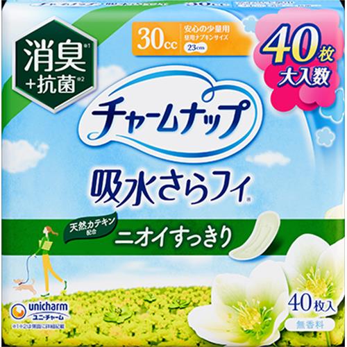 リニューアルに伴いパッケージ・内容等予告なく変更する場合がございます。予めご了承ください。 &nbsp; 商品名称 ユニ・チャーム チャームナップ安心の少量用消臭タイプ40枚 内容量 40枚 特徴 ◆消臭ポリマー（＊）配合で気になるニオイもギュッと吸引！◆瞬間吸収！お肌さらさら！通気性シートで快適！◆天然カテキン配合でニオイすっきり！＊ポリマーによるアンモニアに対する消臭効果。 材質・原材料・成分 表面材：ポリオレフィン・ポリエステル不織布/抗菌剤の種類：セチルピリジニウムクロリド/抗菌加工部位：ティッシュ 区分 軽失禁ナプキン、女性用軽度尿失禁製品/原産国:日本 注意事項 ◆お肌に合わないときは医師に相談してください。◆トイレに流さないでください。◆生理用ナプキンではありません。◆本品記載の使用法・使用上の注意をよくお読みの上ご使用下さい。 お問合せ先 お客様相談窓口電話番号・・・0120-423-001電話受付時間・・・月-金 9：30-17：00（祝日を除く） 広告文責 株式会社ツルハグループマーチャンダイジングカスタマーセンター　047-409-4023 JANコード：4903111600243