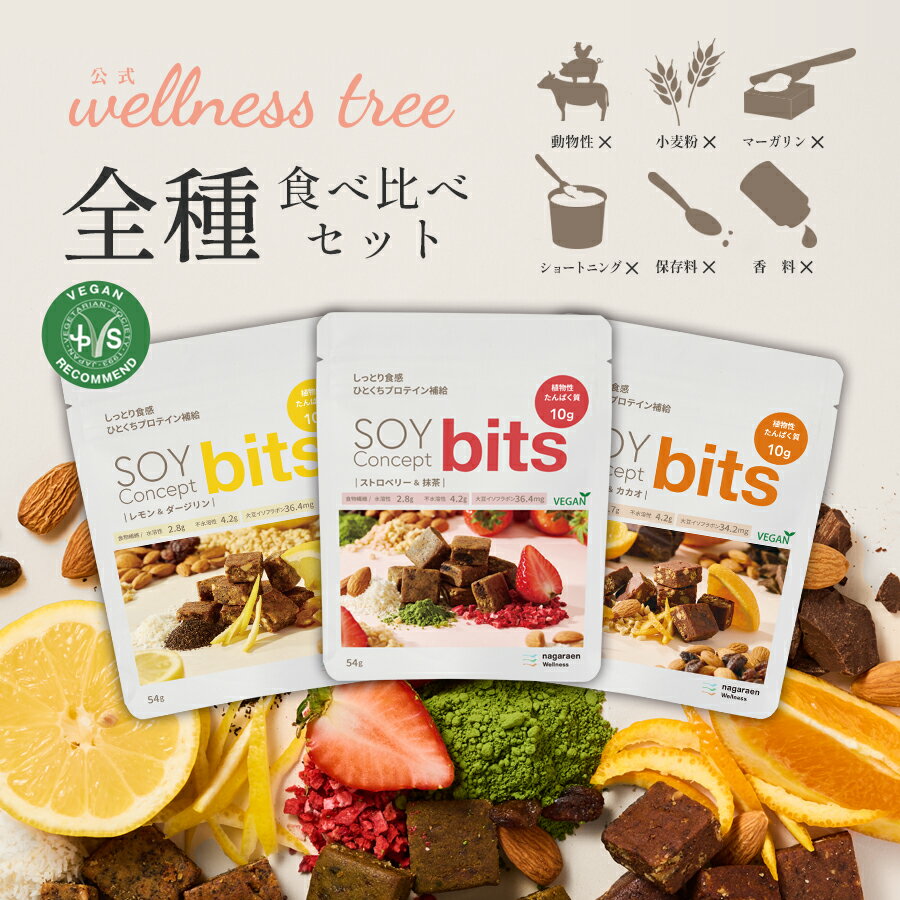 SOY Concept bits ソイコンセプト ビッツ ソイビッツ 全種食べ比べセット 3袋入り 一口サイズ プロテイン タンパク質 おやつ プロテインバー 無添加 オレンジ&カカオ・ストロベリー&抹茶・レモン&ダージリン 各54g ヴィーガン ビーガン 運動 エクササイズ ジム ヨガ