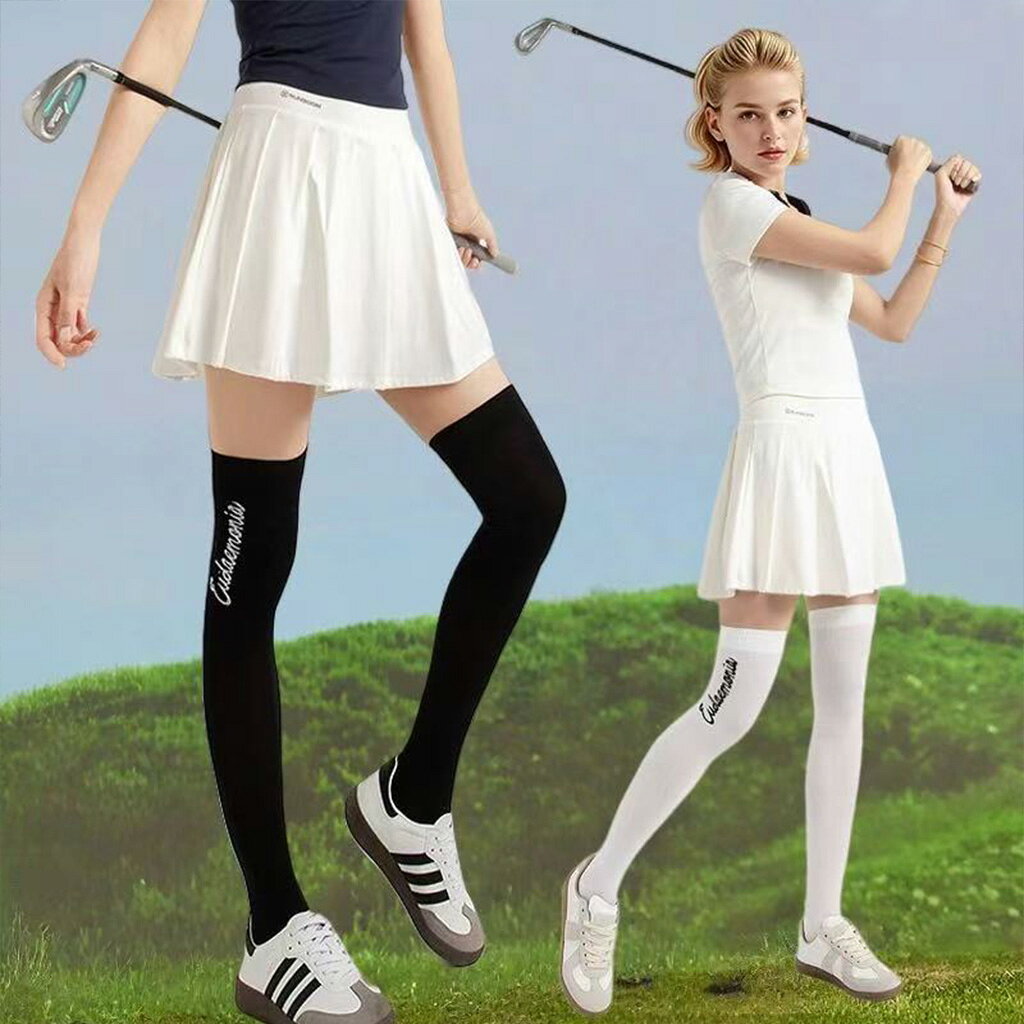 ゴルフ 靴下 ソックス uvカット UPF50+ 着圧ストッキング アイスシルク ひんやり ストレッチ 伸縮性 オーバーニーソックス ニーハイ ハイソックス トレンカ スポーツ 紫外線対策 ドル丈、ホワイト＆ブラック、通気性と吸湿速乾性、春/秋ギフト、女性用ゴルフ