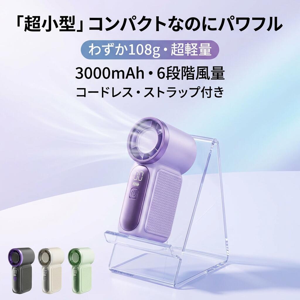 ハンディファン 超小型 ミニ扇風機 コ ラベンダー ベージュ グリーン グレー 商品情報 品名 ハンディファン 素材 ABS 電源 5V/1A カラー ホワイト/ラベンダー/グリーン/ブラック 本体サイズ 2.5x4x9mm 本体重さ 約108g パッケージ内容 扇風機x1、充電コードx1、説明書x1 在庫について 在庫は最新の商品情報を表示しておりますが、複数サイトでの在庫共有をおこなっておりますので、ご注文のタイミングにより欠品になる場合がございます。その際、ご注文をキャンセルさせていただく場合がございます。その場合、当店からお客様にご連絡後、速やかにキャンセル(ポイント返却、クレジット請求取消)処理をさせて頂きますご安心ください。また、在庫切れになった場合、再入荷なしの商材も多数ございます。予めご了承くださいませ。 メーカー希望小売価格はメーカー商品タグに基づいて掲載しています 注意事項 ・ラッピング対応は行っておりません。 ・予告なく仕様変更になる場合がございます。 ・写真はイメージです。実際の商品と若干異なる場合がございます。 ・基本は全国一律送料無料と対応させていただきますが、沖縄・北海道・離島地域へお届けの場合は別途送料をご請求させていただきます。 ・商品のサイズは採寸方法によって、若干な誤差が生じる場合はあります。ご了承ください。 品質保証 ・出品商品は全て新品未使用です。 ・安心の初期不良対応 ：万が一商品に不具合があった場合は、商品到着後7日以内にご連絡ください。 ・不具合の状況確認のため、写真や動画のご提供をお願いする場合がございます。確認後、速やかに「新品交換」または「ご返金」にて対応させていただきます。 ・お客様に安心してご購入いただけるよう、誠心誠意サポートいたします。「悪い評価」を付ける前に、まずはお気軽にご相談ください。 検索関連ワード ハンディファン, ミニ扇風機, 携帯扇風機, 超小型扇風機, 超ミニ扇風機, 卓上扇風機, ポータブル扇風機, コードレス扇風機, 充電式扇風機, USB充電, 5V 1A, 3000mAh, 6段階風量, 6段階調整, 風量調節, ストラップ付き, 携帯用扇風機, 夏対策, 猛暑対策, 熱中症対策, 省スペース, コンパクト, 超軽量108g, 軽量扇風機, 持ち運び便利, 小型, ポイント消化, 送料無料, 新生活, 母の日, 父の日, 誕生日プレゼント, プレゼント, ギフト, 人気, おすすめ, 話題の, 大人気, 楽天スーパーSALE, お買い物マラソン, オフィス, 車内, 車載, 通勤, 通学, ベビーカー, 外出, 旅行, アウトドア, リフレッシュ, スッキリ, リラックス, クール, 扇風機 ミニ, ハンディ扇風機, カラフル, ラベンダー, ベージュ, グリーン, グレー, ブラック, ABS素材注意事項：モニターの発色により、実物と異なる場合がございます。