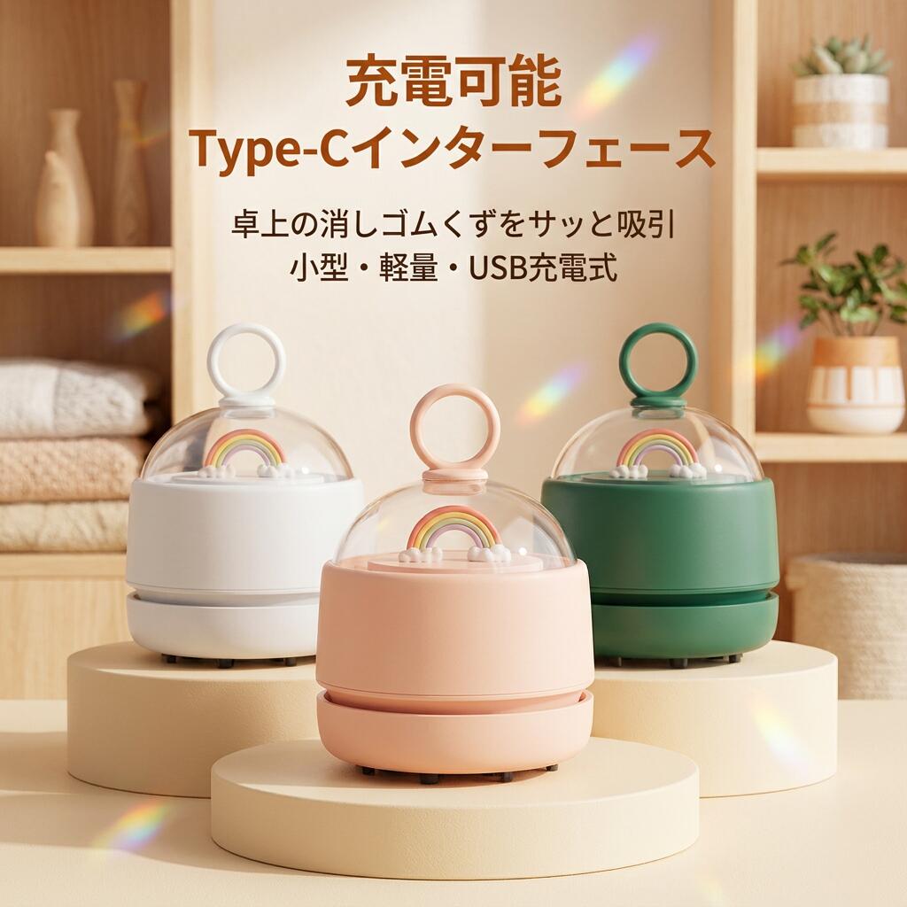 【虹デザイン】ミニ掃除機 子供用 卓上 消しゴムくず 小型 クリーナー ハンディ 机 テーブル 車 USB充電式 仕事 勉強 ポイント消化 プレゼント ギフト 人気 おすすめ 新生活 母の日 父の日 誕生日