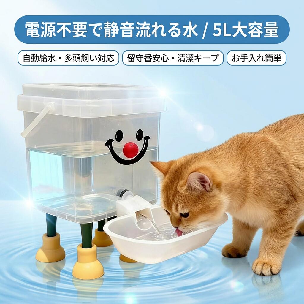 乐天商城 - 【電源不要で静音流れる水】ペット用自動給水器 犬 猫 5L 大容量 自動補水 給水機 給水器 水飲み器 多頭飼い 留守番 お手入れ簡単 洗える 受け皿 ポイント消化 プレゼント ギフト 人気 おすすめ 新生活 母の日 父の日 誕生日