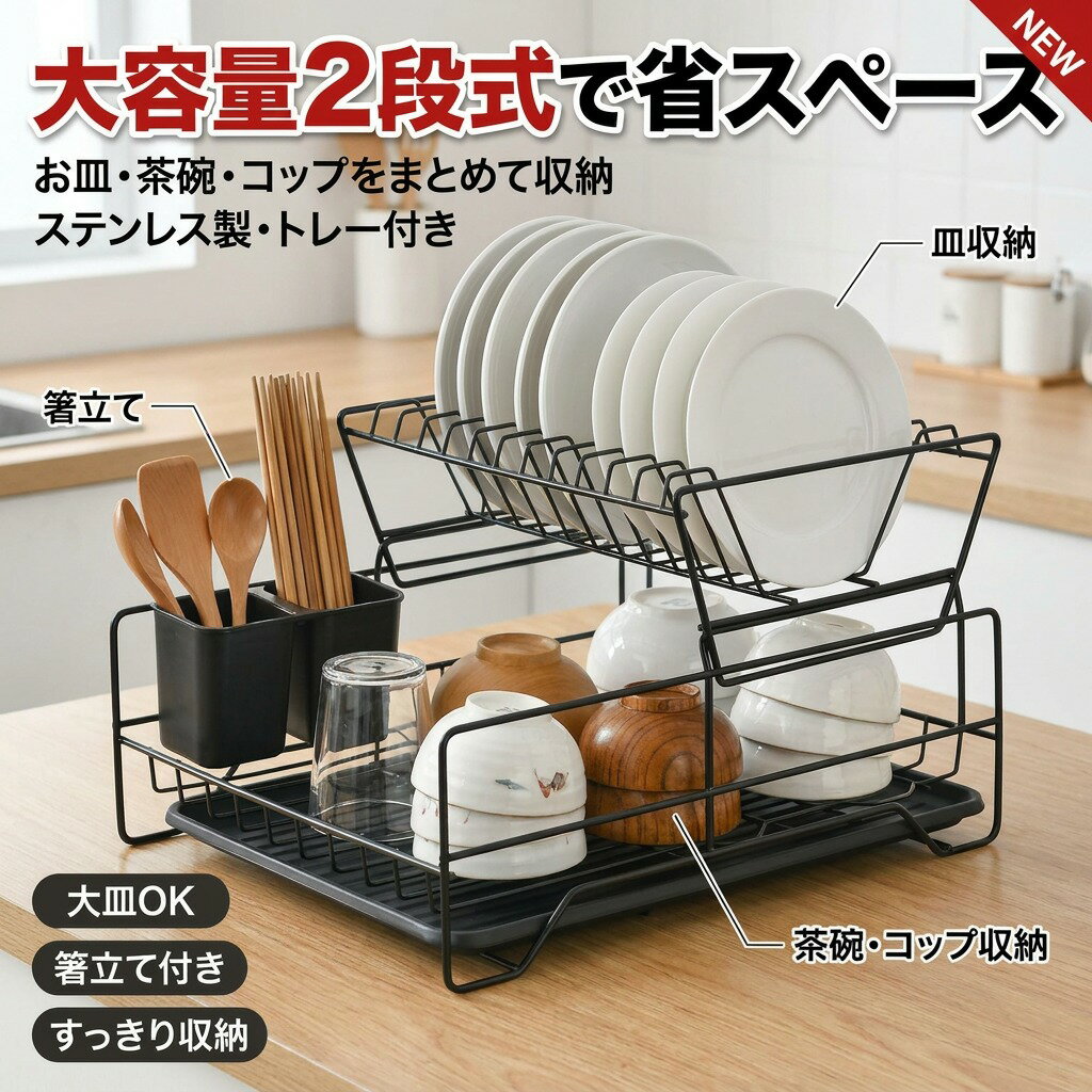 商品内容水切りかご カラー（写真とおり） 素材スチール サイズ約43*33*26cm 生産国中国 商品説明2段のカゴを使い分けて作業効率アップ！ 形状に工夫が施されたワイヤーがお茶碗や大皿もしっかり支えます。 お箸やスプンなどを水切りするのに便利なカトラリーケースがついています。 大容量のワイドサイズ。 検索関連ワード 水切りかご, 水切りバスケット, 水切りカゴ, キッチン収納, ステンレス製, 大容量, 省スペース, 食器立て, お茶碗, 大皿, カトラリーケース, シンク対応, 2段式, 立てられる, 水切りトレー, おすすめ, 人気, 新生活, ギフト, プレゼント, 家庭用, キッチンアイテム, スチール, 耐久性, おしゃれ, コンパクト, 収納力アップ, 料理道具, 食器洗い, 台所用品, 便利, 時間短縮, 高見え, おしゃれなキッチン, 使いやすい, 料理好き, 使い勝手, 楽天, 送料無料, ポイント消化, お買い物マラソン, キッチン必需品, お洒落な収納, 収納ボックス, キッチン整理, 人気商品, 話題のアイテム, 定番商品, 家庭向け, 台所整理, 食器収納, 水切り機能, 便利グッズ 水切りかご, 水切りバスケット, 水切りカゴ, 省スペース, ステンレス製, スチール製, 大容量, ワイドサイズ, 2段式, 2段カゴ, 食器立て, 皿立て, トレー付き, 水切りトレー, シンク対応, シンクに置ける, シンク上収納, キッチン収納, 台所収納, キッチン整理, 台所整理, 収納力アップ, コンパクト, 使いやすい, 立てられる, お茶碗, 大皿, ワイヤー構造, しっかり支える, カトラリーケース, 箸立て, スプーン立て, 料理道具, 台所用品, 食器洗い, 時間短縮, 便利, みずきりかご, 家庭用, 家庭向け, おしゃれ, お洒落な収納, 高見え, おしゃれなキッチン, トレンド, ギフト, プレゼント, 新生活, 母の日, 父の日, 誕生日, 楽天, 送料無料, ポイント消化, お買い物マラソン, キッチン必需品, キッチンアイテム, 話題のアイテム, 人気商品, 定番商品 注意事項 ・ラッピング対応は行っておりません。 ・予告なく仕様変更になる場合がございます。 ・写真はイメージです。実際の商品と若干異なる場合がございます。 ・基本は全国一律送料無料と対応させていただきますが、沖縄・北海道・離島地域へお届けの場合は別途送料をご請求させていただきます。 ・商品のサイズは採寸方法によって、若干な誤差が生じる場合はあります。ご了承ください。 品質保証 ・出品商品は全て新品未使用です。 ・安心の初期不良対応 ：万が一商品に不具合があった場合は、商品到着後7日以内にご連絡ください。 ・不具合の状況確認のため、写真や動画のご提供をお願いする場合がございます。確認後、速やかに「新品交換」または「ご返金」にて対応させていただきます。 ・お客様に安心してご購入いただけるよう、誠心誠意サポートいたします。「悪い評価」を付ける前に、まずはお気軽にご相談ください。 検索関連ワード 水切りかご, 水切りバスケット, 水切りカゴ, 水切りラック, 水切りトレー, 水切りトレイ, 2段式水切り, 省スペース水切り, 大容量水切り, ワイドサイズ, 食器立て, 皿立て, お茶碗立て, 大皿対応, 食器収納, キッチン収納, 台所収納, キッチン整理, 台所整理, シンク対応, シンク上, シンク内, トレー付き, カトラリーケース, カトラリー置き, 箸置きスペース, ステンレス製, スチール製, 耐久性, 錆に強い, しっかり水が切れる, みずきりかご, 省スペースキッチン, コンパクト収納, おしゃれキッチン, 高見え, 上品, トレンド収納, 家庭用キッチン, 料理道具, 料理好き, 使いやすい, 使い勝手, 時短家事, 食器洗い, 皿の水切り, お茶碗の水切り, 乾きやすい, 台所用品, キッチンアイテム, 収納力アップ, お洒落な収納, 収納ボックス, 楽天, 送料無料, ポイント消化, お買い物マラソン, 楽天スーパーSALE, 新生活, 新生活準備, 誕生日プレゼント, 母の日ギフト, 父の日ギフト, ギフト, プレゼント, 人気商品, 話題のアイテム, おすすめ, 定番商品注意事項：モニターの発色により、実物と異なる場合がございます。