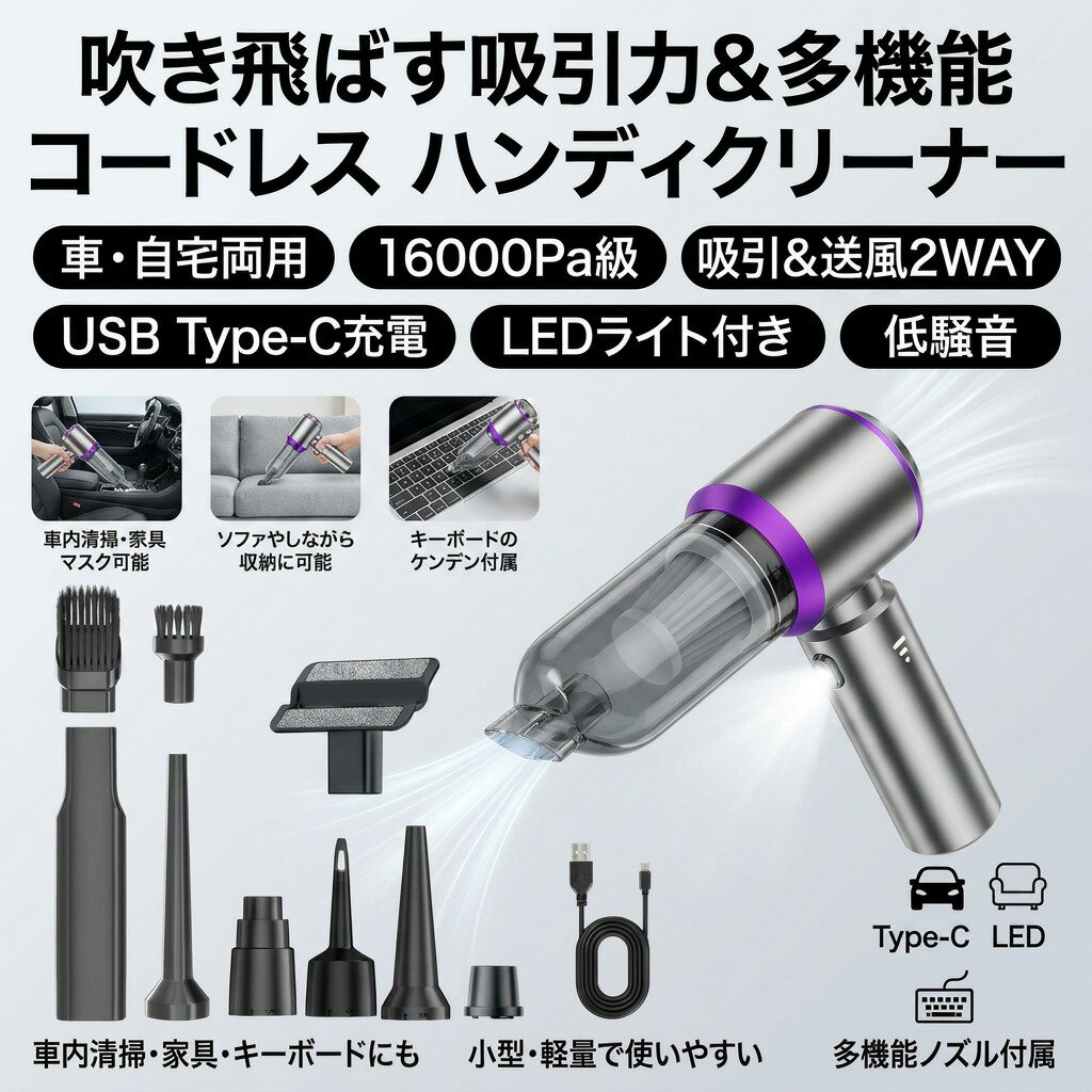 【吹き飛ばす吸引力】コードレス ハンディクリーナー 車用掃除機 車載掃除機 小型 ...