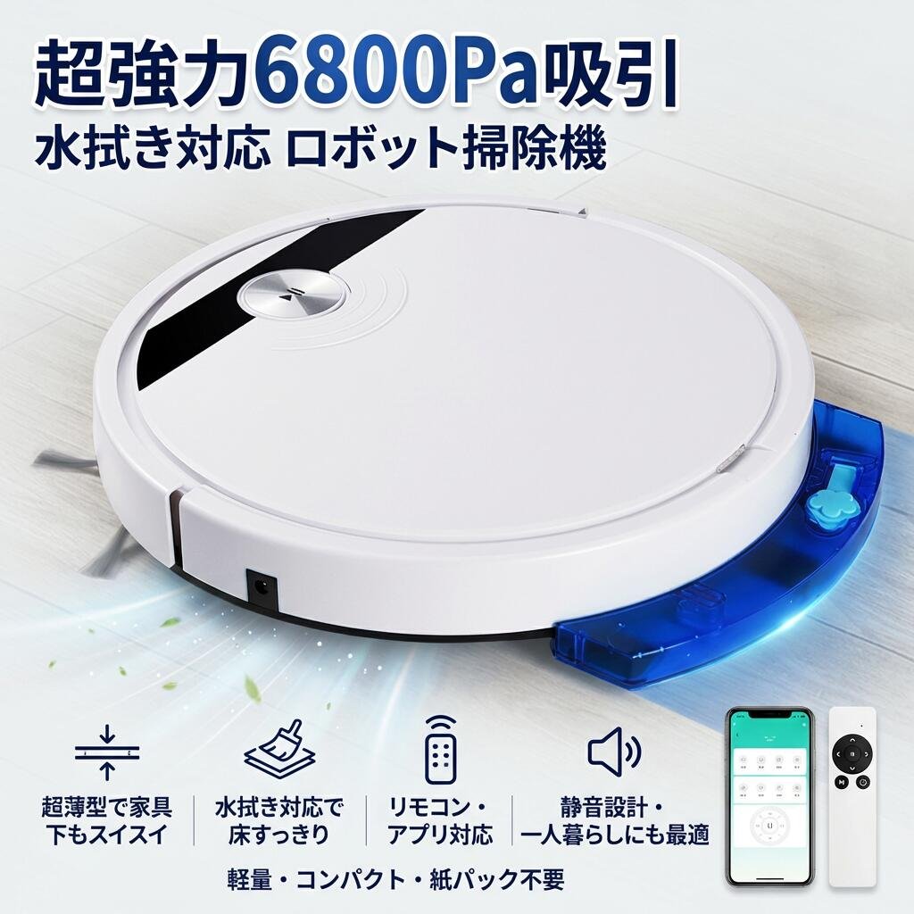 【仕様】 入力電流・電圧：5V 2A 消費電力:10W ダスト容量：150ml 吸引力：6000Pa 静音：55db 平時充電時間：3-4時間 満充電後稼働時間：約90分 最大掃除範囲：90〜120平方メートル 電池容量：2000mAh クリーナー寸法：300*300*45mm 製品重量:1.5kg 【強力吸引&ブラシレス吸引口】 6000pa強力な吸引力で、髪の毛やペットの毛をしっかりと吸い込めます。ロボット掃除機はブラシレス吸引口設計です。ブラシレス吸引口なので絡みともつれを防ぎ、清掃の手間が省ける。6800Paの強力なブラシレスモーターを搭載し、他社の従来品より、1.8倍以上の吸引力を持ちます。畳、フローリング、カーペットの奥から、ゴミ、毛、微細なホコリまでしっかり吸い込み、特にペットの毛に効果的です。更に、静音、標準、強力という3段階の吸引力があり、色々なシーンに適応しています。 【スマホ対応&操作が簡単】掃除機本体にWi-Fi機能を搭載しているのでスマホから本体の操作が可能です。掃除の開始・一時停止・終了をスケジュール設定可能です。 簡単に家庭用掃除機リモートコントロールできます。掃除の手間はかけたくない、一人暮らしやペットがいる家庭向きの便利なロボット掃除機。 （ご注意：リモコン操作が標準仕様。Wi-Fiによるスマホ遠隔操作モデルは別途選択が必要） 【吸引と水拭き両用】 一台二役、通常吸引と水拭き掃除は同時に行うことができます。掃除の手間がグンと減ります。さらに、床の種類によって、吸引力も3段階で調整可能で、モップ濡れ具合の出水量も3段階設定できます。 【自動充電＆長時間稼働】 2000mAhの大容量バッテリーを内蔵し、5V2Aの急速充電モジュールを搭載。最大10Wの高速充電に対応し、充電時間を短縮。フル充電で最大約90分間の連続稼働が可能で、90〜120m2の広さもラクラク掃除できます。 【手の届きにくい隙間でも】 小型ロボット掃除機の超薄・コンパクトサイズで、家具の下や隙間など普段手の届きにくい場所まで楽に潜り込み、お部屋の隅々までキレイに掃除してくれます。コンパクトなので、スペースを取らず、収納に便利です。 高さわずか4.5cmの超薄型ボディで、ソファ下やベッド下の掃除しにくい死角にもスイスイ侵入。見えない場所までしっかりキレイに！ 【多機能】 シンプルなデザインでありながら多機能を実現。自動掃除、衝突防止、落下防止、静音設計などの基本機能は充実。 また、予約機能でお好みの時間に自動で掃除を行えます。 検知センサーが搭載されるので、カーペットの有無、段差の高さ、家具.壁までの距離などを検知できます。 衝突を回避し、部屋の隅々のスムーズな移動を可能にしています。 また、落下防止センサーも搭載し、玄関などの段差から落下する心配もありません。 【関連キーワード】 ロボット掃除機 6800Pa 強力吸引 水拭き 高性能 自動ゴミ収集 収納 比較 シンプル操作 拭き掃除 両用 自動洗浄 花粉対策 水拭き両用 超薄型 静音 敬老の日/父の日/母の日 母へのプレゼント 乾拭き 落下防止/衝突防止 タイマー機能 アプリ対 遠隔操作 みずぶき 拭き掃除 ふき掃除 検索関連ワード ロボット掃除機, お掃除ロボット, 自動掃除機, 超強力吸引, 静音掃除機, USB充電, 超薄型, コンパクト掃除機, 家具下掃除, 長時間稼働, ペットの毛対策, 一人暮らし, 拭き掃除, お歳暮ギフト, プレゼント, 人気商品, おすすめ, 新生活, 母の日ギフト, 父の日ギフト, 誕生日プレゼント, 高吸引力, スマホ操作, リモコン付き, バッテリー稼働, 6800Pa吸引, クリーナー, 150mlダスト容量, 55db静音, 90分稼働, 300mmサイズ, 1.5kg軽量, ブラシレス吸引口, 微細ゴミ除去, カーペット掃除, フローリング掃除, 畳掃除, スケジュール設定, リモートコントロール, 家庭用掃除機, 掃除機の手間削減, 低騒音設計, 大人気, 話題の掃除機, 定番商品 検索関連ワード ロボット掃除機, ロボットクリーナー, 自動掃除機, お掃除ロボット, ルンバ 代替, 6800Pa 吸引, 6000Pa 吸引, 強力吸引, ブラシレス吸引口, ブラシレスモーター, 微細なホコリ, 紙パック不要, ダスト容量150ml, 軽量1.5kg, 超薄型45mm, コンパクト, 300x300mm, 家具下対応, ベッド下 掃除, ソファ下 掃除, フローリング対応, カーペット対応, 畳対応, 毛 吸い込み, ペットの毛対策, 髪の毛 からまり防止, 静音55dB, 3段階吸引, 標準モード, 強力モード, 充電式, USB充電, 5V 2A, 稼働時間約90分, 充電時間3-4時間, リモコン付き, スマホ操作, Wi-Fi搭載, アプリ対応, 遠隔操作, スケジュール設定, タイマー機能, 自動ゴミ収集, 自動清掃, 全自動, 水拭き対応, 拭き掃除, ふき掃除, みずぶき, 両用, 水拭き両用, 自動洗浄, 落下防止, 衝突防止, 敬老の日, 父の日, 母の日, 母へのプレゼント, プレゼント, ギフト, 誕生日プレゼント, お歳暮, 新生活, 人気 おすすめ, 大人気, お買い物マラソン, 楽天スーパーSALE, ポイント消化, 一人暮らし, オフィス 清掃, リビング 掃除, 寝室 掃除, 乾拭き, 花粉対策, ふき取り清潔, シンプル操作, 収納しやすい, 省スペース, 高性能, みずぶき 拭き掃除, 注意事項, 収納 比較 注意事項 ・ラッピング対応は行っておりません。 ・予告なく仕様変更になる場合がございます。 ・写真はイメージです。実際の商品と若干異なる場合がございます。 ・基本は全国一律送料無料と対応させていただきますが、沖縄・北海道・離島地域へお届けの場合は別途送料をご請求させていただきます。 ・商品のサイズは採寸方法によって、若干な誤差が生じる場合はあります。ご了承ください。 品質保証 ・出品商品は全て新品未使用です。 ・安心の初期不良対応 ：万が一商品に不具合があった場合は、商品到着後7日以内にご連絡ください。 ・不具合の状況確認のため、写真や動画のご提供をお願いする場合がございます。確認後、速やかに「新品交換」または「ご返金」にて対応させていただきます。 ・お客様に安心してご購入いただけるよう、誠心誠意サポートいたします。「悪い評価」を付ける前に、まずはお気軽にご相談ください。 検索関連ワード ロボット掃除機, お掃除ロボット, 自動掃除機, ロボットクリーナー, スマホ対応ロボット掃除機, アプリ操作, 遠隔操作, リモコン付き, タイマー機能, 自動ゴミ収集, 自動洗浄, 水拭き対応, 水拭き掃除, みずぶき, 拭き掃除, ふき掃除, 両用ロボット掃除機, 乾拭き, 花粉対策, 乾燥対策, のどケア, フローリング掃除, 畳掃除, カーペット掃除, ペットの毛対策, 猫毛掃除, 犬の毛掃除, 髪の毛吸引, 微細ホコリ吸引, 6800Pa吸引, 超強力吸引, 強力吸引, ブラシレス吸引口, 55db 静音, 静音掃除機, 3段階吸引, 軽量, コンパクト, 超薄型, 薄型, 小型, 収納しやすい, 家具下対応, 隙間掃除, 落下防止, 衝突防止, 最大掃除範囲120平方メートル, 90分稼働, 長時間稼働, USB充電, 5V 2A, ペーパーレス, 紙パック不要, 新生活, お買い物マラソン, 楽天スーパーSALE, お歳暮ギフト, 敬老の日, 父の日ギフト, 母の日ギフト, プレゼント, ギフト, 人気商品, おすすめ, 送料無料注意事項：モニターの発色により、実物と異なる場合がございます。