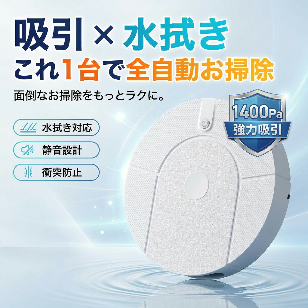 【吸引＋水拭き全自動】ロボット掃除機 1400pa 静音 コンパクト 自動ゴミ収集 紙パ...