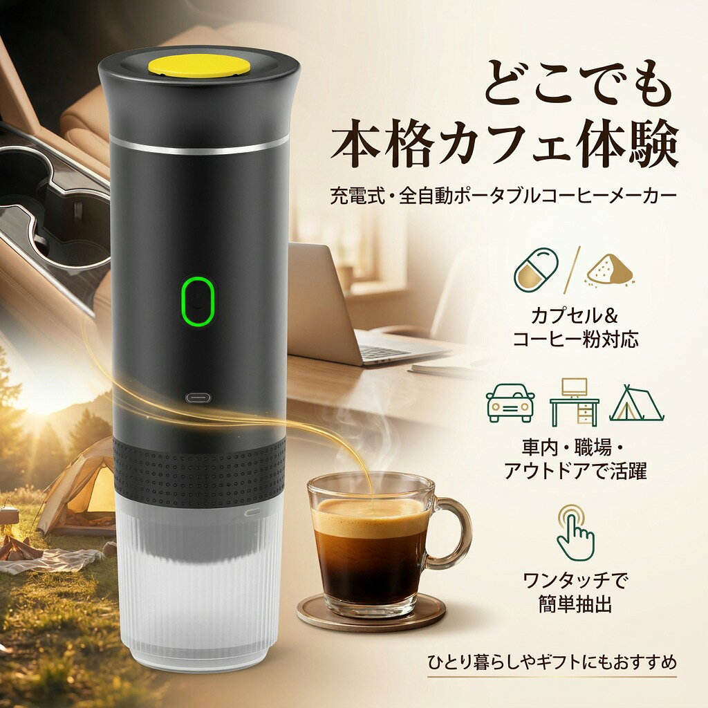 【どこでも本格カフェ体験】充電式 全自動コーヒーメーカー カプセル式 エスプレッソマシン 車載対応 コーヒーパウダー対応 ひとり暮らし ギフト プレゼント 新生活 誕生日 ポイント消化 人気 おすすめ 母の日 父の日