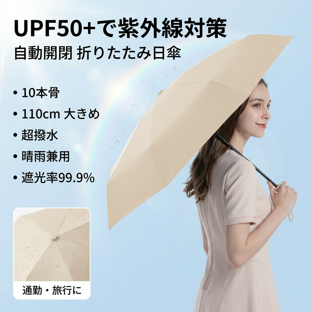 ＼UPF50+で紫外線対策／ 自動開閉 折りたたみ日傘 折り畳み傘 10本骨 110cm 大きめ 軽量 丈夫 超撥水 晴雨兼用 UVカット 遮光率99.9% 耐風 メンズ レディース 通勤 旅行 携帯 おしゃれ ギフト ポイント消化 プレゼント 人気 おすすめ 新生活 母の日 父の日 誕生日