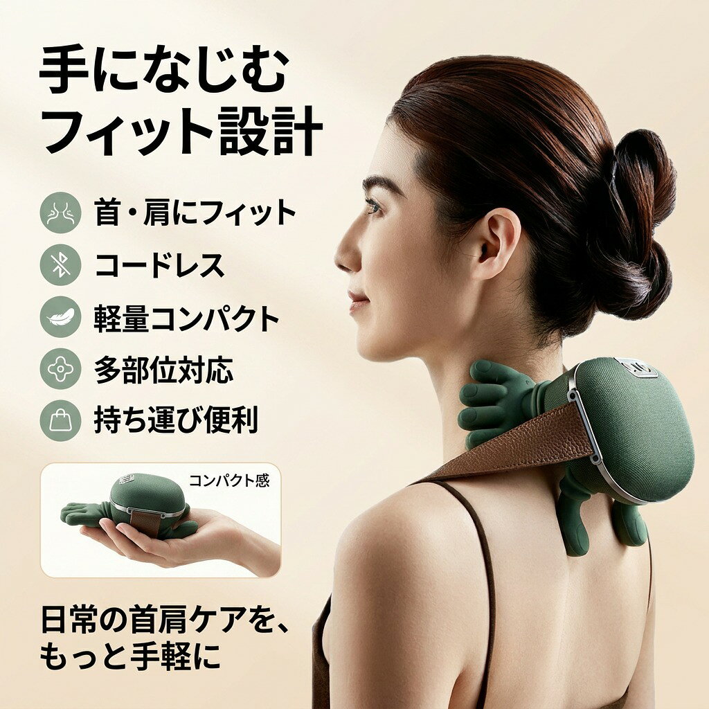 商品情報【人の手のような心地よさを再現】 人間工学に基づくハンド型デザイン 人の手でそっと支えてくれるようなハンド型造型を採用し、首や肩のカーブに自然に密着。違和感なく包み込むような使用感を実現します。 肩首ラインに沿うカーブ設計 肩首の生まれつきのラインにフィットする曲線設計で、装着時のズレや浮きをしっかり抑え、安定した使い心地を実現。デスクワークの合間や家事のスキマ時間に、手軽に使える使い勝手を追求しました。 コードレス充電式｜場所を選ばない快適な使用感 コードレス仕様なので、自宅のリビング、オフィスのデスク周り、外出先や移動中も電源に縛られず使用可能。充電式で取り回しがスムーズ、日常の様々なシーンに溶け込む便利さを備えています。 多部位対応｜全身の気になる箇所をカバー 首や肩はもちろん、背中・腰・太ももなど全身の疲れがたまりやすい部位に幅広く対応。一つで様々な箇所のケアが叶う多機能デザインです。 軽量コンパクト｜収納・持ち運びもラクラク 軽量かつコンパクトな設計で、バッグに入れて持ち運んだり、家の小さなスペースに収納したりも簡単。毎日の疲れをリフレッシュするための、身近なパートナーに最適です。 こんな方に特におすすめ ・運動後の筋肉の疲れをほぐしたい方 ・デスクワークや立ち仕事で肩首や腰に負担のかかる方 ・自宅で時間をかけずに手手軽に身体をリフレッシュしたい方 ・外出先や旅行先でも、気軽にマッサージケアがしたい方 製品仕様 【製品仕様】 サイズ：11x 15cm 定格電圧：7.4V 定格消費電力：10W 重さ：約760g 内蔵バッテリー容量：2000mAh 生産国：中国 【商品オプションについてご説明】 オプション1. 布製カバータイプ（カバー取り外し不可） やさしい肌触りで通気性が良く、長時間使用しても蒸れにくいタイプ。 肌に直接触れる部分が柔らかく、快適な装着感を重視される方におすすめです。 オプション2. ラバーコーティングタイプ 表面は汚れにくく、日常のお手入れが簡単です。 耐久性やお手入れのしやすさを重視し、汚れを気にされる方におすすめです。 注意事項 ・ラッピング対応は行っておりません。 ・予告なく仕様変更になる場合がございます。 ・写真はイメージです。実際の商品と若干異なる場合がございます。 ・基本は全国一律送料無料と対応させていただきますが、沖縄・北海道・離島地域へお届けの場合は別途送料をご請求させていただきます。 ・商品のサイズは採寸方法によって、若干な誤差が生じる場合はあります。ご了承ください。 品質保証 ・出品商品は全て新品未使用です。 ・安心の初期不良対応 ：万が一商品に不具合があった場合は、商品到着後7日以内にご連絡ください。 ・不具合の状況確認のため、写真や動画のご提供をお願いする場合がございます。確認後、速やかに「新品交換」または「ご返金」にて対応させていただきます。 ・お客様に安心してご購入いただけるよう、誠心誠意サポートいたします。「悪い評価」を付ける前に、まずはお気軽にご相談ください。 首 肩 首肩 ケア 首こり 肩こり 首まわり 肩甲骨 周辺 背中 腰 もも 太もも 多部位対応 ハンド型 フィット設計 カーブ設計 手になじむ 人間工学 デスクワーク 合間 家事 スキマ時間 コードレス 充電式 持ち運び便利 軽量 コンパクト 卓上 オフィス リビング 寝室 外出先 移動中 車載 ハンドグリップ 収納ラク 衝撃吸収 ずれにくい 密着 フィット感 快適 便利 使いやすい 日常ケア リフレッシュ リラックス 癒し 乾燥対策 花粉対策 のどケア プレゼント ギフト 新生活 母の日 父の日 誕生日 ポイント消化 楽天スーパーSALE お買い物マラソン 送料無料注意事項：モニターの発色により、実物と異なる場合がございます。