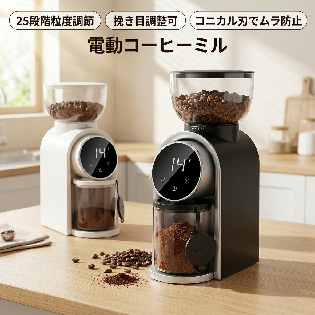 乐天商城 - 【細挽きから粗挽きまで】電動コーヒーミル 25段階粒度調節 250g コニカルカッター コンパクト コーヒーグラインダー 粉飛び防止 挽きムラ防止 珈琲 豆 豆挽き コーヒー用 プレゼント ギフト ポイント消化 人気 おすすめ 新生活 母の日 父の日 誕生日