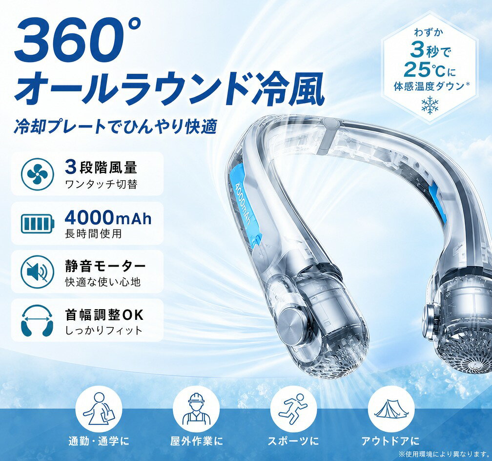 【商品仕様】 製品カラー：ホワイト、グリーン バッテリー容量：4000mAh フル充電時間：2~3時間 本体重量：約274g 【風量が大進化！業界初集噴タービンシステム】「集噴タービンシステム」を採用、吸気口から取り込まれた空気は効率良く送風口へと導かれて、16080rmpのデュアルコア高速モーターと「拡大版軸流ダクト」搭載で、他社より5倍送風面積 、3倍風速、15倍超強風量を強くお送ります。体感温度は最大20度Cまで下がります。 【健康な風！目の乾燥を防ぎ】独自の革新的な坂道導風システムにより、ブラシレスDCモーターを採用、大きく広がりゆっくりと進む風がやさしく包みこんでくれる、ムラがないパワフルな風から自然風の風を作り出すので、目の乾燥を防ぎ、暑い夏を乗り越えます! まだ、風向きを自由に調整できるので、直接風が当たらず、1日使っても頭が痛くなりません。 【新エネルギー車同型コア！無敵な稼働時間】4000mAh新エネルギー車同型コアを採用、電力効率が大幅に向上し、夏の電力制限に対応で、フル充電で最大12時間の長期間お使いいただけます。 注意事項 ・ラッピング対応は行っておりません。 ・予告なく仕様変更になる場合がございます。 ・写真はイメージです。実際の商品と若干異なる場合がございます。 ・基本は全国一律送料無料と対応させていただきますが、沖縄・北海道・離島地域へお届けの場合は別途送料をご請求させていただきます。 ・商品のサイズは採寸方法によって、若干な誤差が生じる場合はあります。ご了承ください。 品質保証 ・出品商品は全て新品未使用です。 ・安心の初期不良対応 ：万が一商品に不具合があった場合は、商品到着後7日以内にご連絡ください。 ・不具合の状況確認のため、写真や動画のご提供をお願いする場合がございます。確認後、速やかに「新品交換」または「ご返金」にて対応させていただきます。 ・お客様に安心してご購入いただけるよう、誠心誠意サポートいたします。「悪い評価」を付ける前に、まずはお気軽にご相談ください。 検索関連ワード ネッククーラー, ネックファン, 首掛け扇風機, 首かけファン, 携帯扇風機, ポータブル扇風機, ハンズフリー扇風機, 冷却プレート, 首元冷却, 羽なしファン, 静音モーター, 静音, 軽量, 4000mAh, USB充電, 長時間稼働, 12時間連続使用, 2〜3時間充電, 調節可能, ネック幅調整, 涼しい, 快適, ひんやり, クール, 熱中症対策, 暑さ対策, 夏対策, 乾燥対策, 目の乾燥対策, 首元ケア, オフィス, 通勤, 通学, 仕事中, 卓上, 屋外, アウトドア, スポーツ観戦, 散歩, 旅行, キャンプ, フェス, 車内, 車載, リビング, 寝室, 家事, 在宅勤務, 子育て, 料理中, 釣り, ランニング, 父の日, 母の日, 誕生日, 新生活, ギフト, プレゼント, 贈り物, サプライズ, お祝い, 記念日, 夫婦, 彼氏, 彼女, 両親, 友達, 同僚, カップル, お揃い, 男性, 女性, 人気, おすすめ, 話題の, 便利グッズ, 省エネ, ホワイト, グリーン, おしゃれ, かわいい, コンパクト, 持ち運び便利, 羽根なし, 首掛け, ポイント消化, 楽天スーパーSALE, お買い物マラソン注意事項：モニターの発色により、実物と異なる場合がございます。