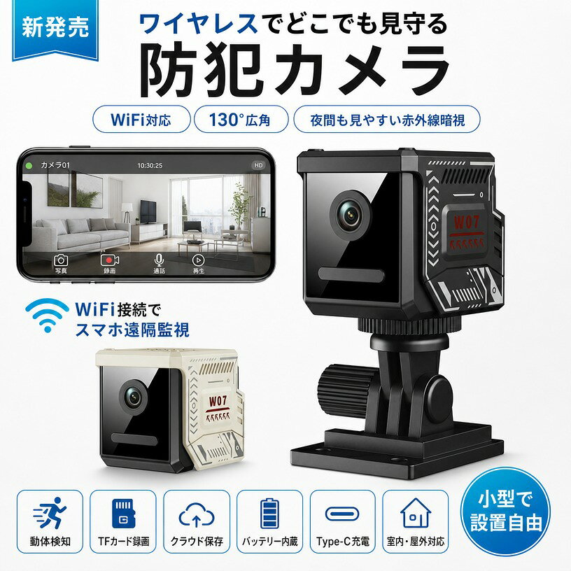 工事不要で簡単に設置できる、WiFi対応のワイヤレス防犯カメラです。コンパクトなサイズながら、高画質HD映像と130広角レンズを搭載し、室内外の広い範囲を鮮明に撮影できます。リビングや玄関、店舗、オフィス、ガレージなど、さまざまな場所で活躍します。 赤外線IRナイトビジョン機能を搭載しており、昼夜を問わず自動で撮影モードを切り替えます。暗い環境でもクリアな映像を記録できるため、夜間の防犯や見守りにも安心です。 動体検知機能により、人や物の動きを検知するとスマートフォンへリアルタイムで通知を送信。外出先からでも専用アプリを通じて映像を確認でき、ご家庭やオフィスの状況をいつでも把握できます。 録画データはTFカード保存とクラウドストレージの両方に対応。用途に合わせて保存方法を選択でき、大切な映像をしっかり管理できます。また、複数ユーザーで映像共有が可能なため、ご家族やスタッフと同時に確認することもできます。 内蔵バッテリーを搭載し、Type-C充電に対応。充電しながらの使用も可能で、配線不要のため設置場所を選びません。さらに、標準1/4インチネジを採用しており、市販の三脚やブラケットにも取り付けられます。 ペットの見守り、赤ちゃんのベビーモニター、防犯対策、高齢者の見守り、店舗管理など、幅広いシーンで活躍する多機能ワイヤレス監視カメラです。 商品特徴 WiFiワイヤレス接続・スマホ遠隔監視対応 130広角レンズ搭載 HD高画質撮影 IR赤外線ナイトビジョン 動体検知・リアルタイム通知 TFカード録画・クラウド保存対応 内蔵バッテリー・Type-C充電対応 充電しながら使用可能 1/4インチネジ対応で簡単設置 複数ユーザー共有対応 日本語説明書付き 注意事項 ・ラッピング対応は行っておりません。 ・予告なく仕様変更になる場合がございます。 ・写真はイメージです。実際の商品と若干異なる場合がございます。 ・基本は全国一律送料無料と対応させていただきますが、沖縄・北海道・離島地域へお届けの場合は別途送料をご請求させていただきます。 ・商品のサイズは採寸方法によって、若干な誤差が生じる場合はあります。ご了承ください。 品質保証 ・出品商品は全て新品未使用です。 ・安心の初期不良対応 ：万が一商品に不具合があった場合は、商品到着後7日以内にご連絡ください。 ・不具合の状況確認のため、写真や動画のご提供をお願いする場合がございます。確認後、速やかに「新品交換」または「ご返金」にて対応させていただきます。 ・お客様に安心してご購入いただけるよう、誠心誠意サポートいたします。「悪い評価」を付ける前に、まずはお気軽にご相談ください。 検索関連ワード 防犯カメラ, 監視カメラ, ワイヤレスカメラ, WiFiカメラ, ネットワークカメラ, 小型カメラ, 室内カメラ, 屋外カメラ, 見守りカメラ, ペットカメラ, ベビーモニター, 玄関カメラ, 駐車場監視, 店舗防犯, オフィス監視, ガレージ監視, リビング設置, 寝室見守り, 介護見守り, 子供見守り, 防犯対策, 空き巣対策, 不審者対策, 留守中確認, 外出先確認, スマホ遠隔監視, リアルタイム通知, 動体検知, 赤外線暗視, IRナイトビジョン, 夜間撮影, 130広角, 広角レンズ, 高画質HD, TFカード録画, クラウド保存, 共有機能, 複数ユーザー, Type-C充電, 内蔵バッテリー, 充電式, 配線不要, 工事不要, 簡単設置, 自宅用, 店舗用, 会社用, 賃貸向け, 卓上設置, 壁面設置, 天井設置, 三脚対応, ブラケット対応, コンパクト, 小型, 軽量, おしゃれ, シンプル, 日本語説明書, アプリ連携, 遠隔確認, 24時間見守り, 室内外兼用, 夜間見守り, 旅行中安心, 新生活, 母の日, 父の日, 誕生日, プレゼント, ギフト, 送料無料, ポイント消化, 楽天スーパーSALE, お買い物マラソン, 人気, おすすめ注意事項：モニターの発色により、実物と異なる場合がございます。