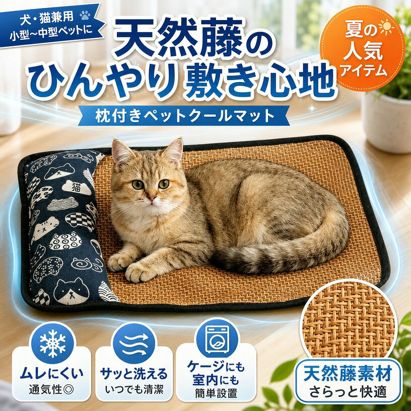天然藤素材を採用し通気性抜群、ひんやり冷感で熱中症・夏バテを防ぐペットクールマットです。複数サイズを取り揃え、チワワ・トイプードルなど小型〜中型犬、猫・子猫・ハムスターまで適合。汚れたら丸洗い可能、室内やゲージ内に簡単に敷け、暑い夏を快適に過ごせます。 注意事項 ・ラッピング対応は行っておりません。 ・予告なく仕様変更になる場合がございます。 ・写真はイメージです。実際の商品と若干異なる場合がございます。 ・基本は全国一律送料無料と対応させていただきますが、沖縄・北海道・離島地域へお届けの場合は別途送料をご請求させていただきます。 ・商品のサイズは採寸方法によって、若干な誤差が生じる場合はあります。ご了承ください。 品質保証 ・出品商品は全て新品未使用です。 ・安心の初期不良対応 ：万が一商品に不具合があった場合は、商品到着後7日以内にご連絡ください。 ・不具合の状況確認のため、写真や動画のご提供をお願いする場合がございます。確認後、速やかに「新品交換」または「ご返金」にて対応させていただきます。 ・お客様に安心してご購入いただけるよう、誠心誠意サポートいたします。「悪い評価」を付ける前に、まずはお気軽にご相談ください。 検索関連ワード ペットクールマット, ペット冷感マット, 犬用クールマット, 猫用クールマット, ペットひんやりマット, 夏用ペットマット, 冷感マット, 涼感マット, 天然藤マット, 藤マット, ラタンマット, ひんやり敷きパッド, ペットベッド, 犬ベッド, 猫ベッド, 枕付きマット, 全周クッション, クッション付き, あごのせ枕, 通気性, 蒸れにくい, さらさら, ひんやり, 冷感, 夏用, 暑さ対策, 夏の快適グッズ, 室内用, ケージ内, ゲージ内, サークル内, リビング, 寝室, お留守番, お昼寝, 簡単設置, 丸洗い可能, 洗濯可能, お手入れ簡単, 清潔, 小型犬, 中型犬, 猫, 子猫, 犬, わんちゃん, ねこちゃん, チワワ, トイプードル, ポメラニアン, ミニチュアダックス, 柴犬, ハムスター, 3仕様, 6柄, おしゃれ, かわいい, ナチュラル, 涼しげ, コンパクト, 人気, おすすめ, プレゼント, ギフト, 新生活, 母の日, 父の日, 誕生日, 送料無料, ポイント消化, 楽天スーパーSALE, お買い物マラソン注意事項：モニターの発色により、実物と異なる場合がございます。