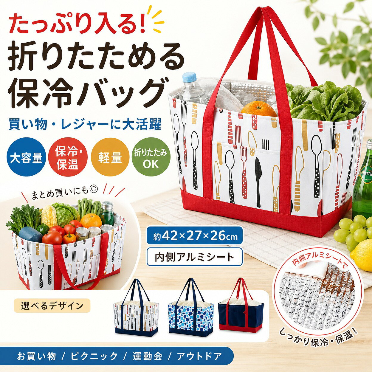 折りたたみできる大容量の保冷バッグです。内側はアルミシート仕様で、保冷・保温の両方に使いやすい設計です。・商品特徴：軽量で持ちやすいグリップ、オープン口で出し入れしやすい構造・適用シーン：買い物、レジャー、ピクニック、運動会、海水浴、アウトドア、職場や学校への持ち運び・規格情報：約422726cm、素材：ポリエステル・アルミシート・食品のまとめ買いやお弁当の持ち運び、季節を問わない日常使いに便利です。 注意事項 ・ラッピング対応は行っておりません。 ・予告なく仕様変更になる場合がございます。 ・写真はイメージです。実際の商品と若干異なる場合がございます。 ・基本は全国一律送料無料と対応させていただきますが、沖縄・北海道・離島地域へお届けの場合は別途送料をご請求させていただきます。 ・商品のサイズは採寸方法によって、若干な誤差が生じる場合はあります。ご了承ください。 品質保証 ・出品商品は全て新品未使用です。 ・安心の初期不良対応 ：万が一商品に不具合があった場合は、商品到着後7日以内にご連絡ください。 ・不具合の状況確認のため、写真や動画のご提供をお願いする場合がございます。確認後、速やかに「新品交換」または「ご返金」にて対応させていただきます。 ・お客様に安心してご購入いただけるよう、誠心誠意サポートいたします。「悪い評価」を付ける前に、まずはお気軽にご相談ください。 検索関連ワード 保冷バッグ, 保温バッグ, 保冷保温バッグ, クーラーバッグ, クーラートート, トート型保冷バッグ, ショッピングバッグ, エコバッグ, 買い物バッグ, レジャーバッグ, アウトドアバッグ, 折りたたみ保冷バッグ, 折りたたみバッグ, 折り畳み, 大容量, 軽量, 持ち運び, コンパクト収納, 422726cm, ポリエステル, アルミシート, アルミ内側, 保冷, 保温, 保冷保温, グリップ付き, 持ちやすい, オープン口, 出し入れしやすい, 食品まとめ買い, お弁当バッグ, ランチバッグ, 弁当持ち運び, 買い物, スーパー買い出し, ショッピング, レジャー, ピクニック, 運動会, 海水浴, アウトドア, キャンプ, バーベキュー, 公園, 遠足, 旅行, ドライブ, 職場, 学校, 通勤, 通学, 日常使い, 季節問わず, 夏用, 冬用, 冷たい飲み物, 温かいお弁当, 食材持ち運び, おしゃれ, シンプル, かわいい, 便利, 実用的, 人気, おすすめ, ポイント消化, 送料無料, プレゼント, ギフト, プチギフト, 新生活, 母の日, 父の日, 敬老の日, 誕生日, 楽天スーパーSALE, お買い物マラソン注意事項：モニターの発色により、実物と異なる場合がございます。