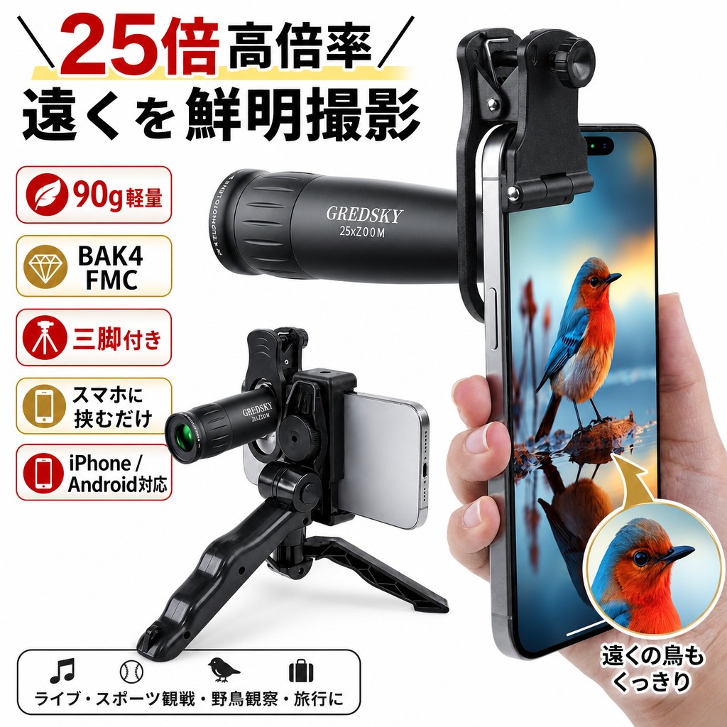 ＼25倍高倍率で遠くを鮮明撮影／ スマホ望遠レンズ 単眼鏡 90g軽量 BAK4 FMC 三脚...