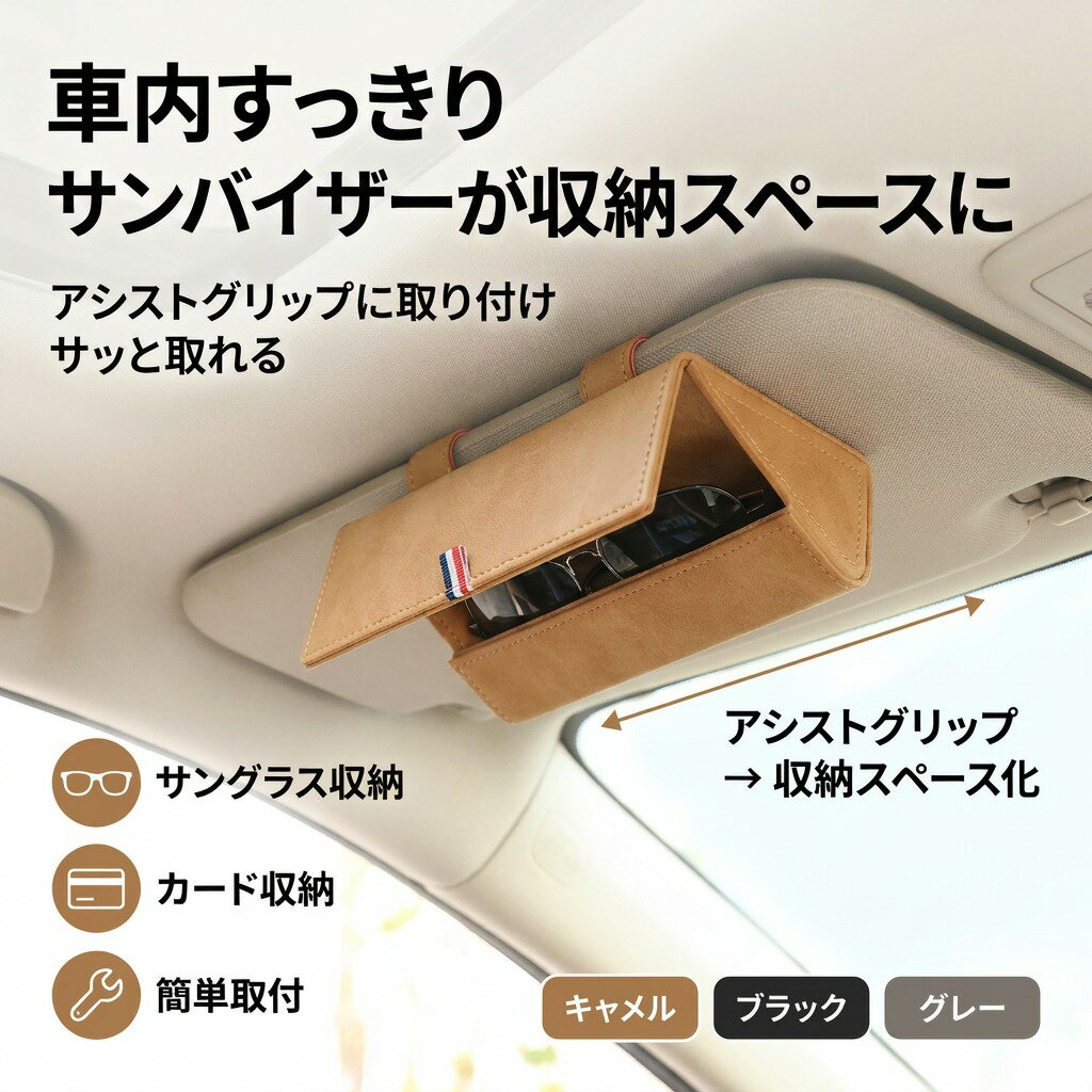 太陽鏡夾 - 【車内すっきり】車載 サングラスホルダー メガネホルダー 眼鏡ホルダー サンバイザー取付 PUレザー 汎用 収納ケース カード収納 小物入れ 車用 内装アクセサリー プレゼント ギフト 新生活 母の日 父の日 ポイント消化 人気 おすすめ 誕生日